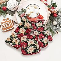 Vista 19 de Paños de Cocina y Agarraderas Navideños - Juego Alegre de Navidad de 4 Piezas 100% Algodón Verde Rojo Blanco - Dos (2) Paños de Cocina, Un (1)