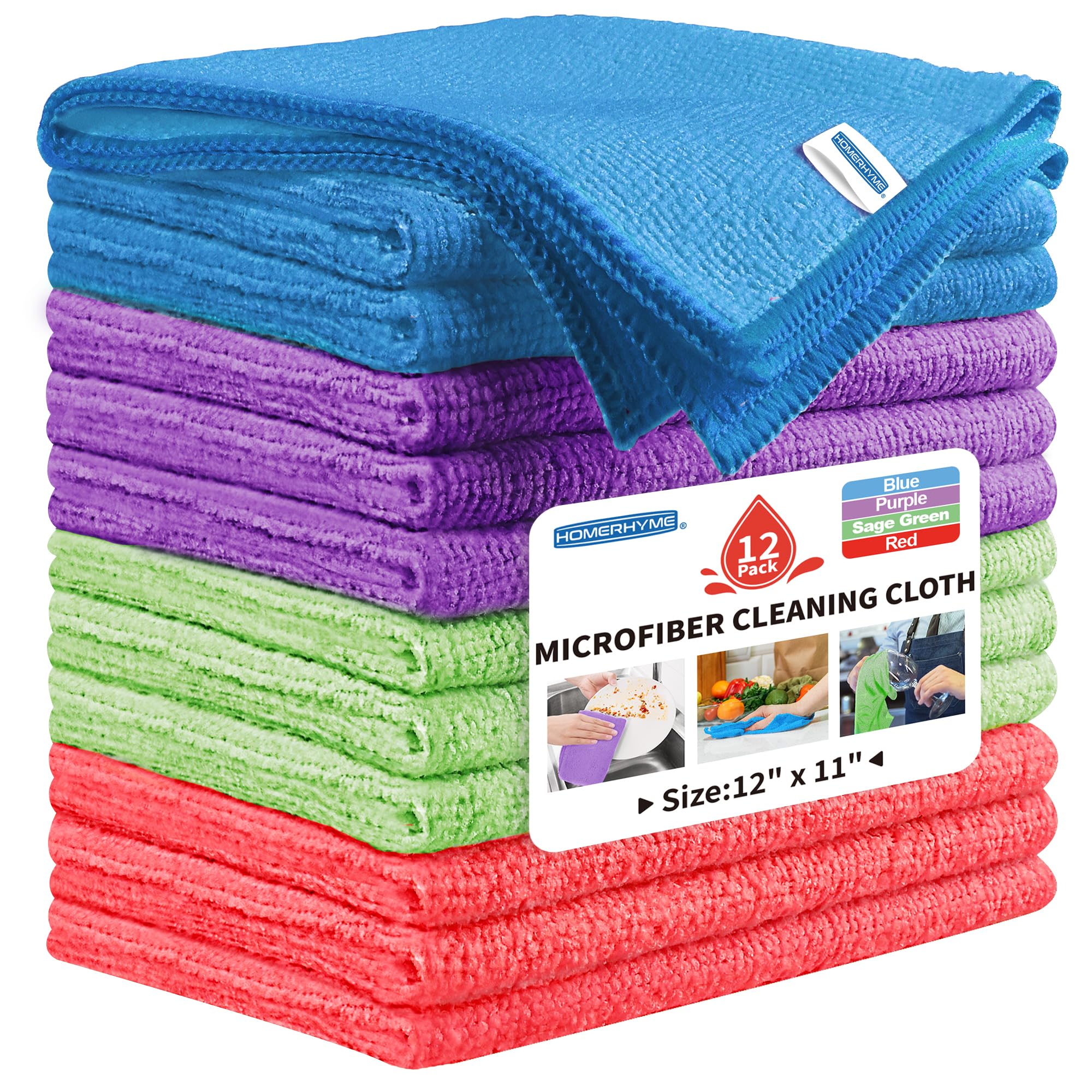 HOMERHYME Microfiber Cleaning Cloth 12 Pack Cleaning Rags 12 X 11 Lint Free Dish Towels Wash Cloths Reusable