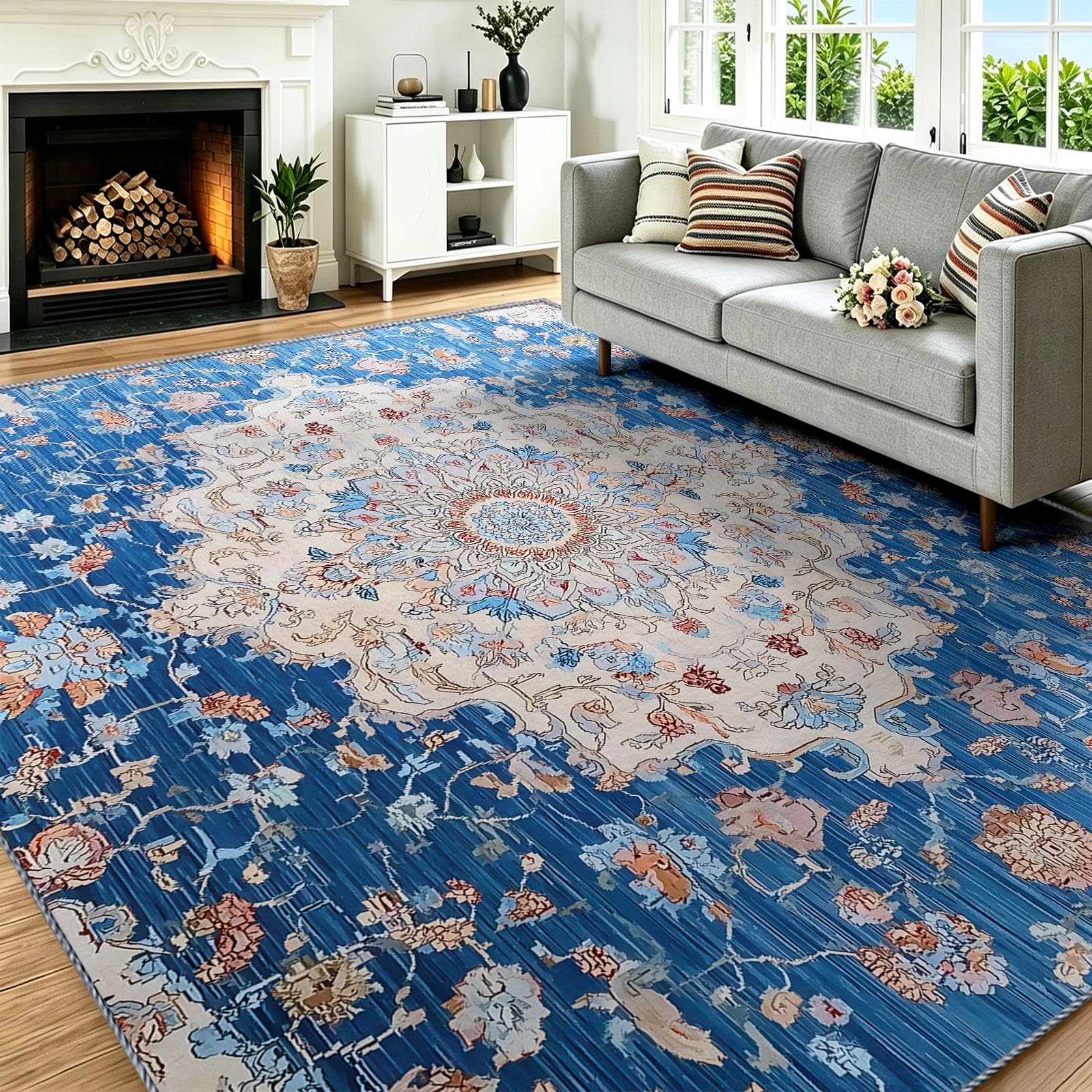 Tapis antidérapant lavable style oriental bleu contre les sols froids