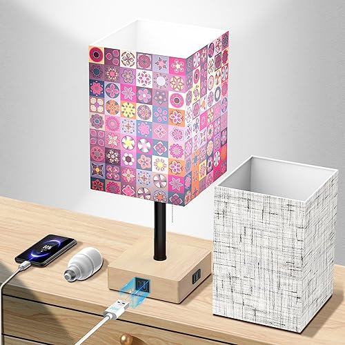 SRTCLLT Lámparas de noche, lámpara de mesa de noche con puertos USB de 20 W y tomacorrientes, luz de escritorio LED rosa para dormitorio de niños,