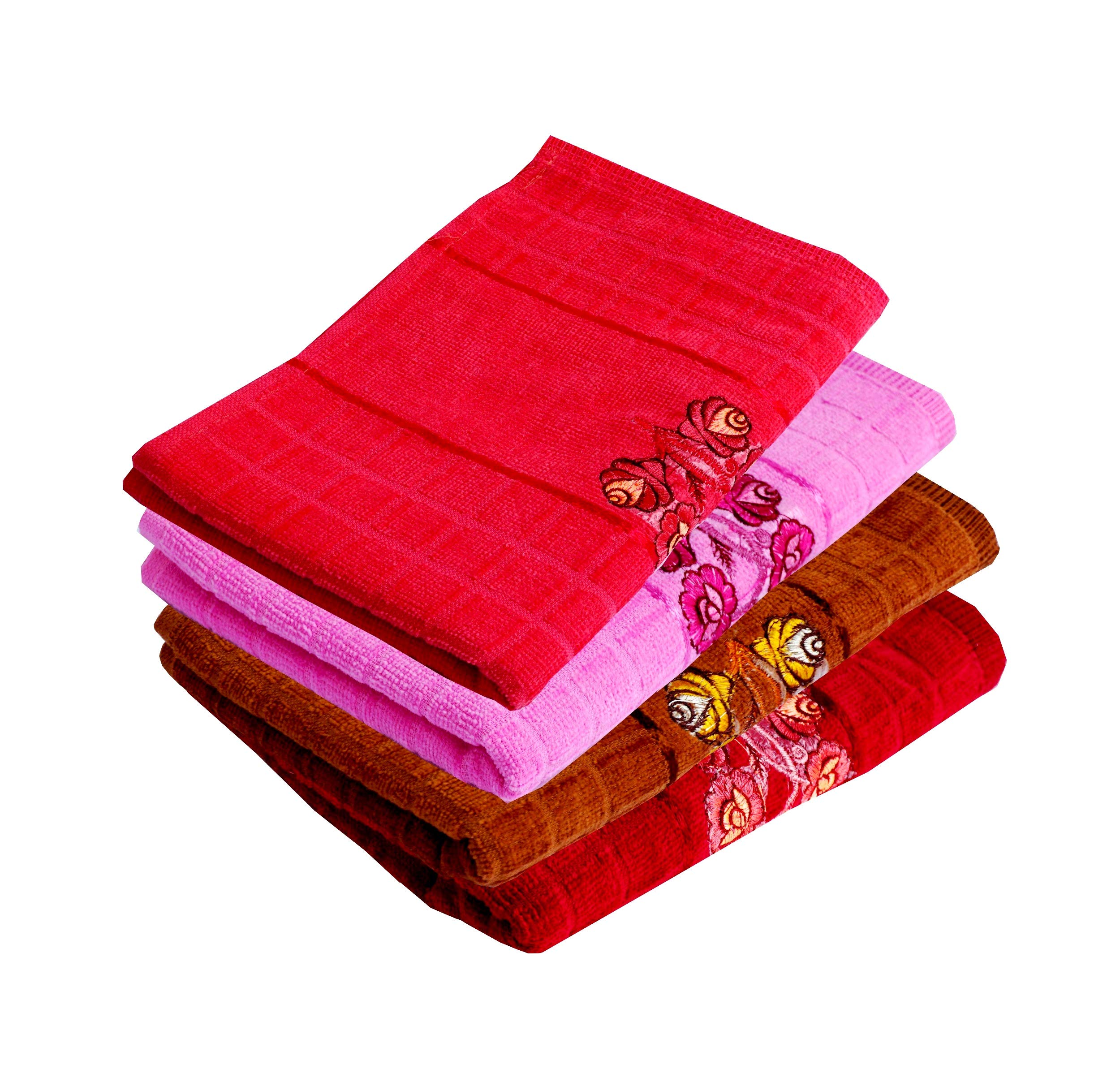 Love Touch Embroidered Ultra Soft, Super Absorbent, Antibacterial & Quick Dry Multi Color Cotton Hand Towels For Kitchen & Wash Basin Use (Set of 4)