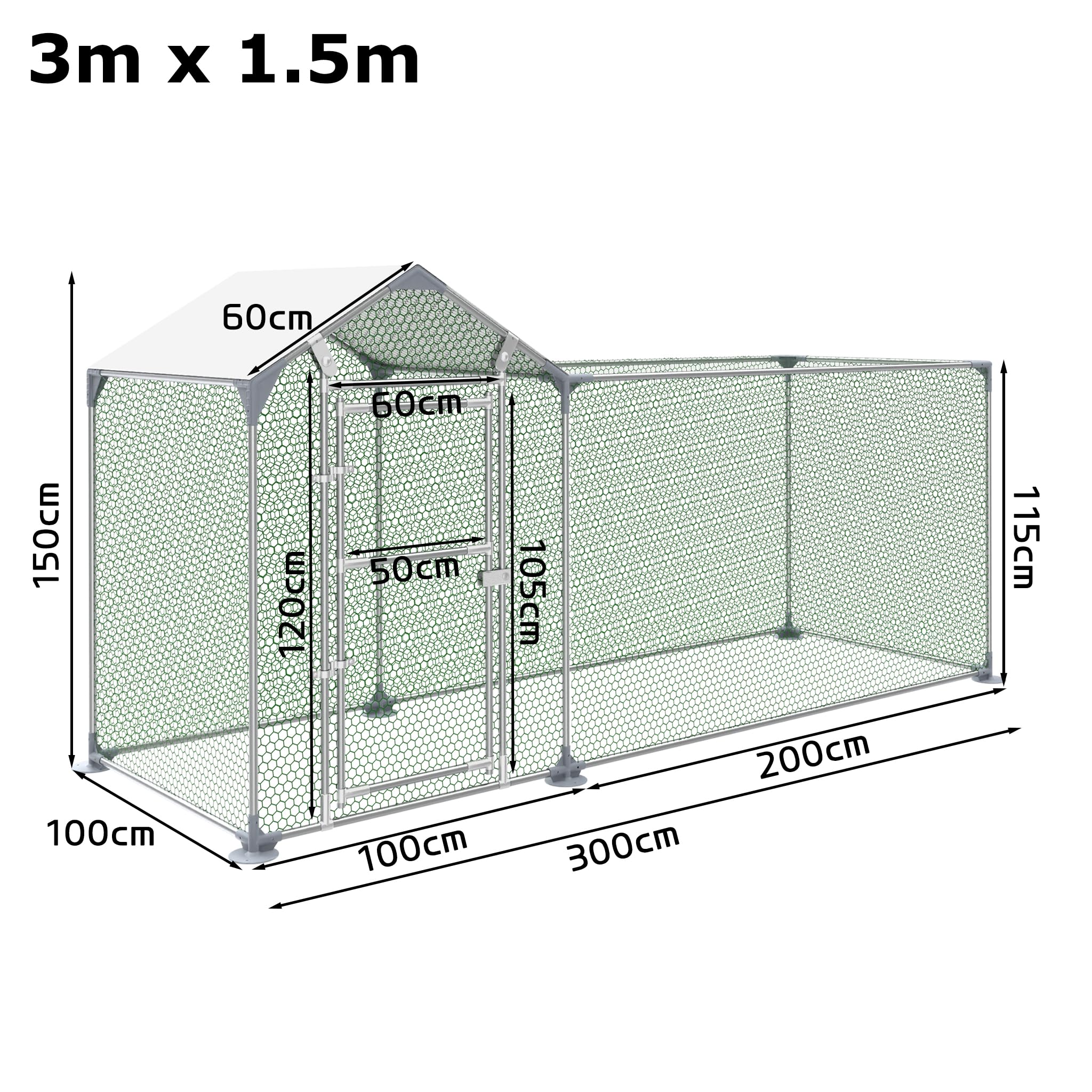 Gallinero de acero galvanizado, 3 x 1 x 1,5 m, con protección solar, techo, jaula para gallinas, cercado para gallinas, jaulas de aves de corral para gallinas, animales pequeños, aves de