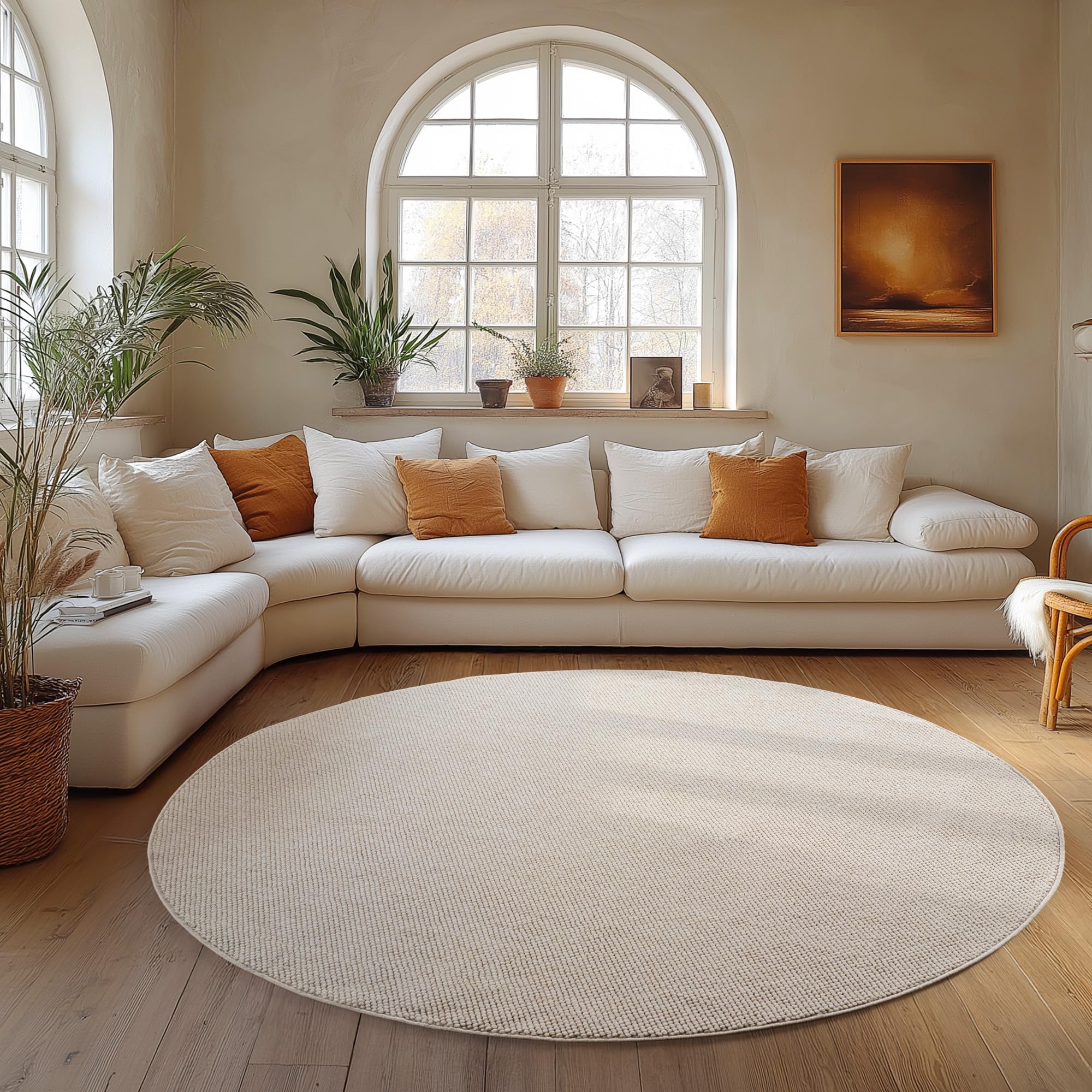 Carpettex Teppich Rund 120 cm Creme Einfarbig Bouclé Schlingenflor Skandi Stil Modern Weich Strapazierfähig Pflegeleicht runder Teppich für Wohnzimmer Esszimmer Schlafzimmer