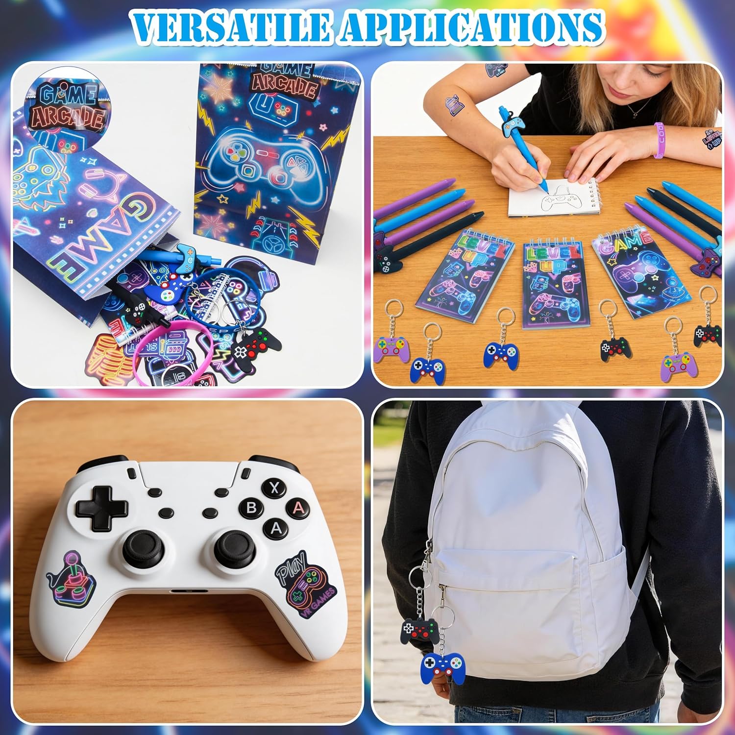 Tuhangcc 110Pcs Video Game Party Favors Set For 12 Guest Included Video Game Keychains Gamer Goodie Bag Silicone Wristband Stickers Notebooks Gel Pen For Gamer Party Favors Gamer Birthday Party Gifts