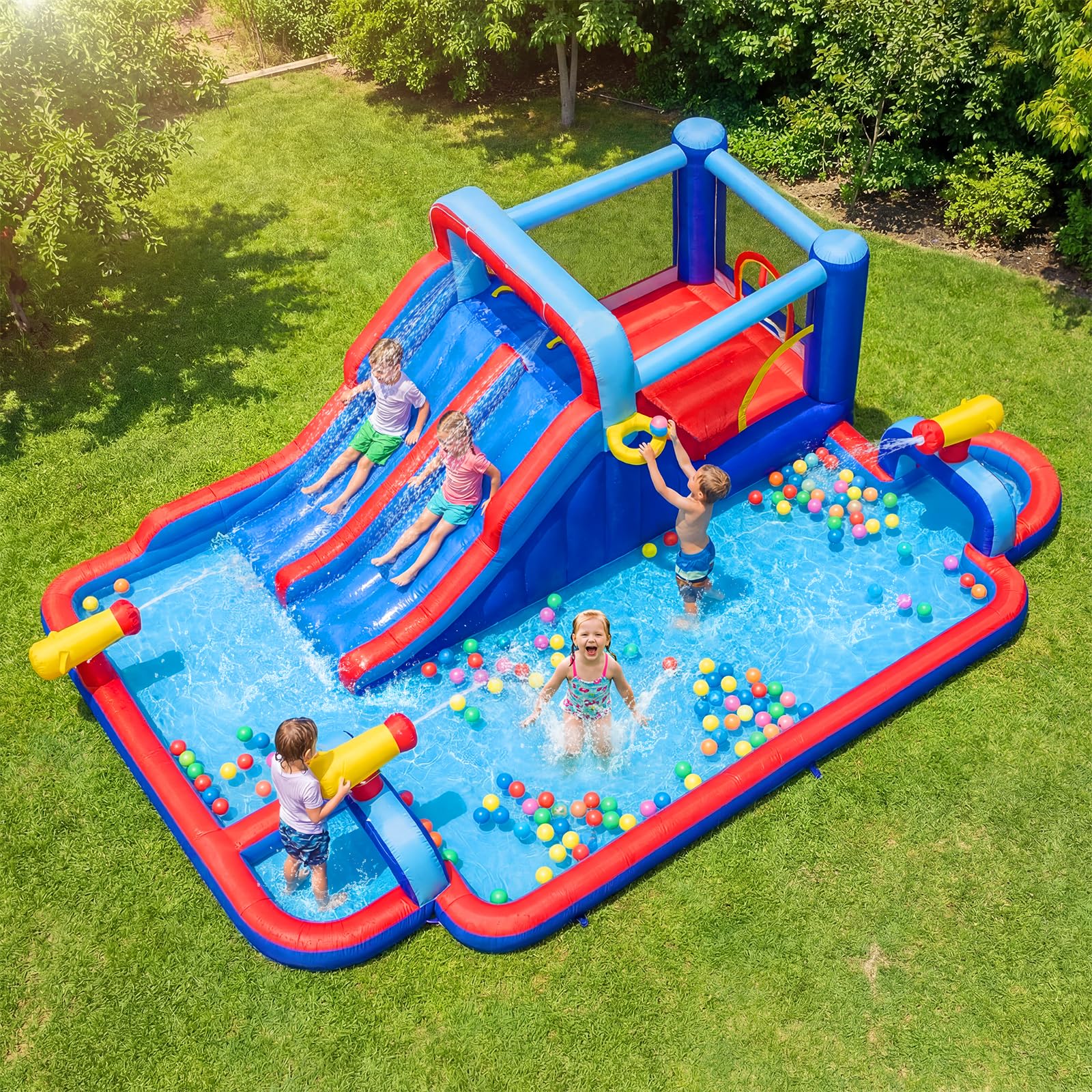 GOPLUS Castillo Hinchable, Castillo Inflable 2 en 1 con Pared de Escalada, Cañones, Piscina de Chapoteo y Tobogán Acuático, Casa de Saltos Infantil para Interior y Exterior, Soplador No Incluido