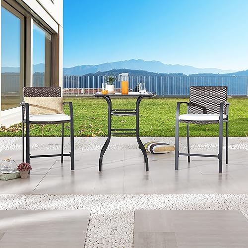 Miniatura 6 de LOKATSE HOME Juego de 3 sillas de mimbre para exteriores con cojín y mesa de centro de cristal, color beige