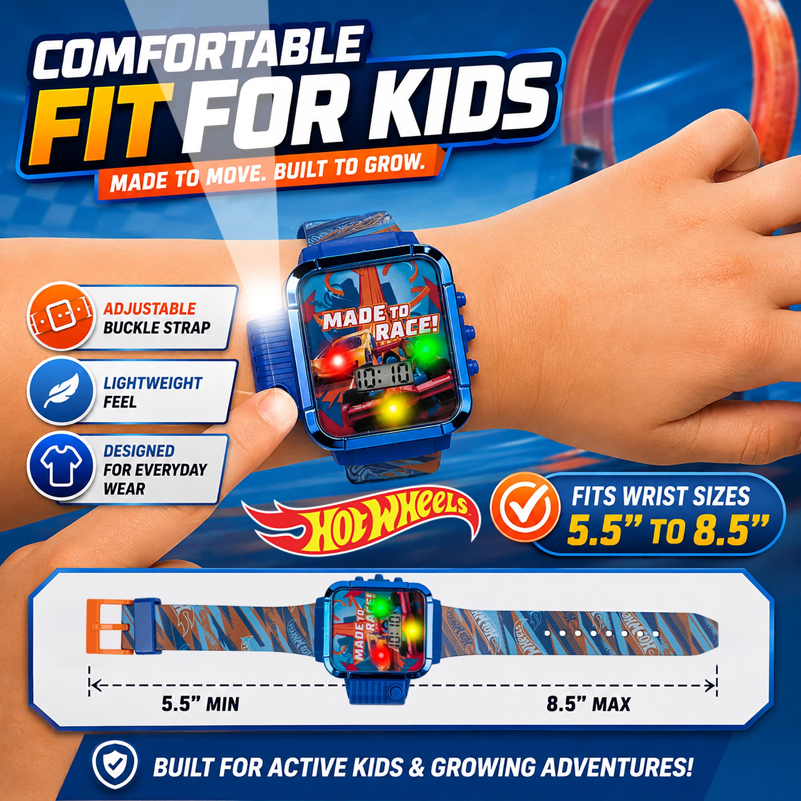 Hot Wheels Montre numérique pour Enfants avec lumière LED, Lampe de Poche | Écran LED lumineux, sangle de personnage imprimée, design résistant à l'eau et ajustement réglable pour poignets de 14 à 21,6