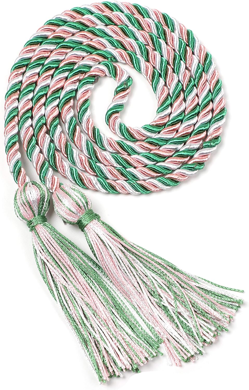 2Pcs Graduation Honor Cords 68" Long, Double and Single, Polyester Twisted Strand with Tassels 36 Colors (Green White Pink)
