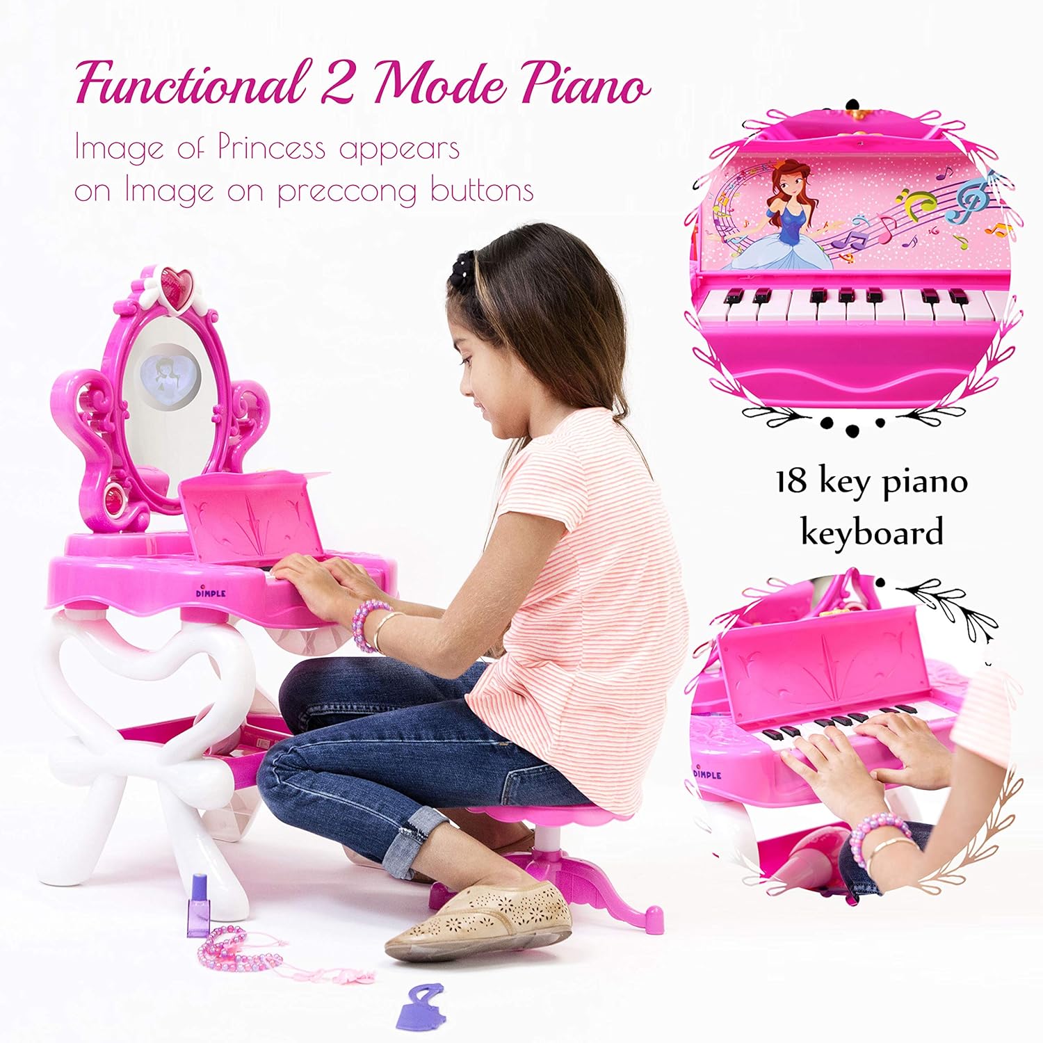 2-in-1 Musical Piano Vanity Set Girls Toy Makeup Accessories with Working Piano & Flashing Lights, Big Mirror, Pretend Cosmetics, Hair Dryer - Princess Image Appears in Mirror, 7 AA Batteries Included : Toys & Games