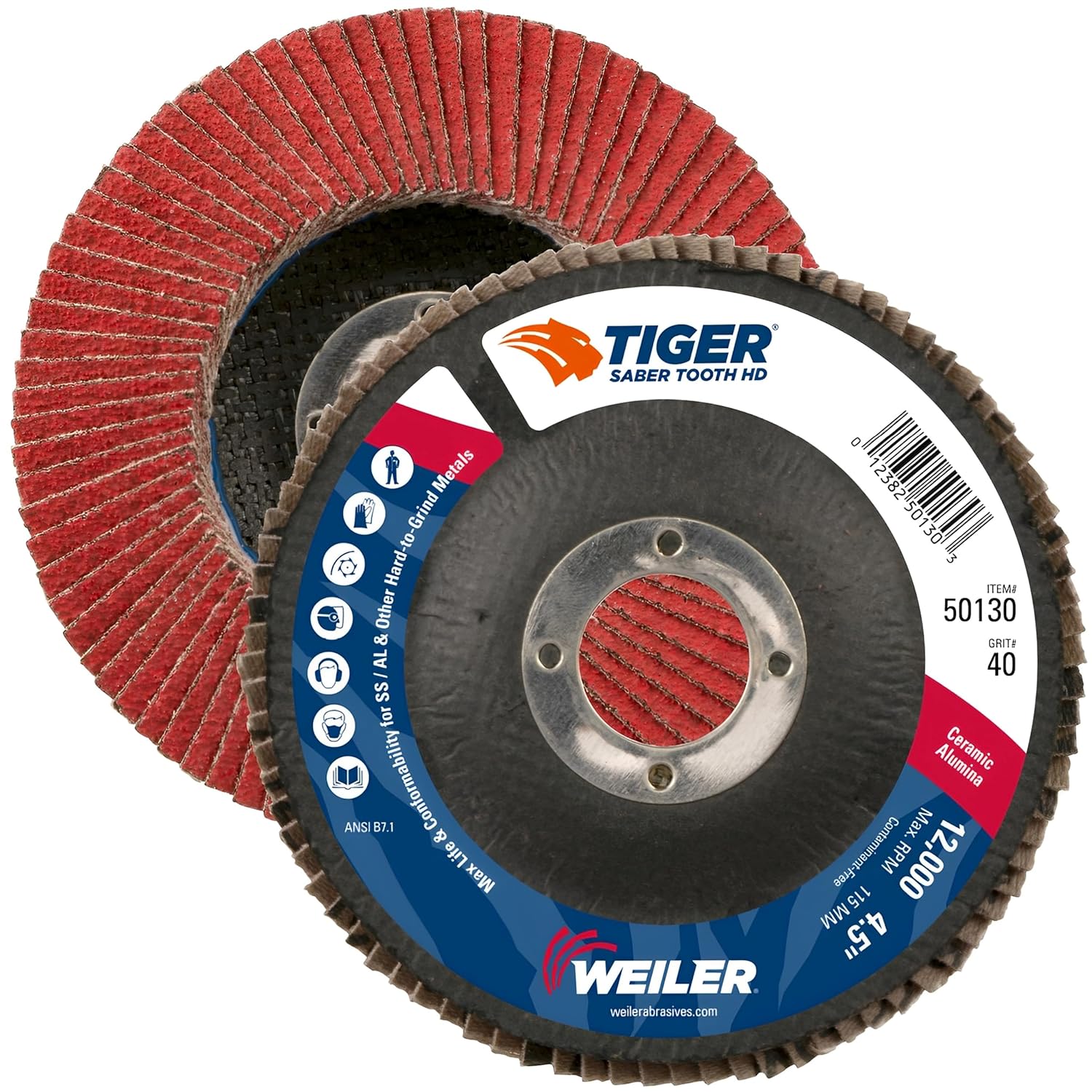 Weiler 50130 Saber Tooth 7/8" Arbor, 4-1/2" Diameter, 40 Grit, Ceramic, Phenolic Backing, Flat High Density Abrasive Flap Disc