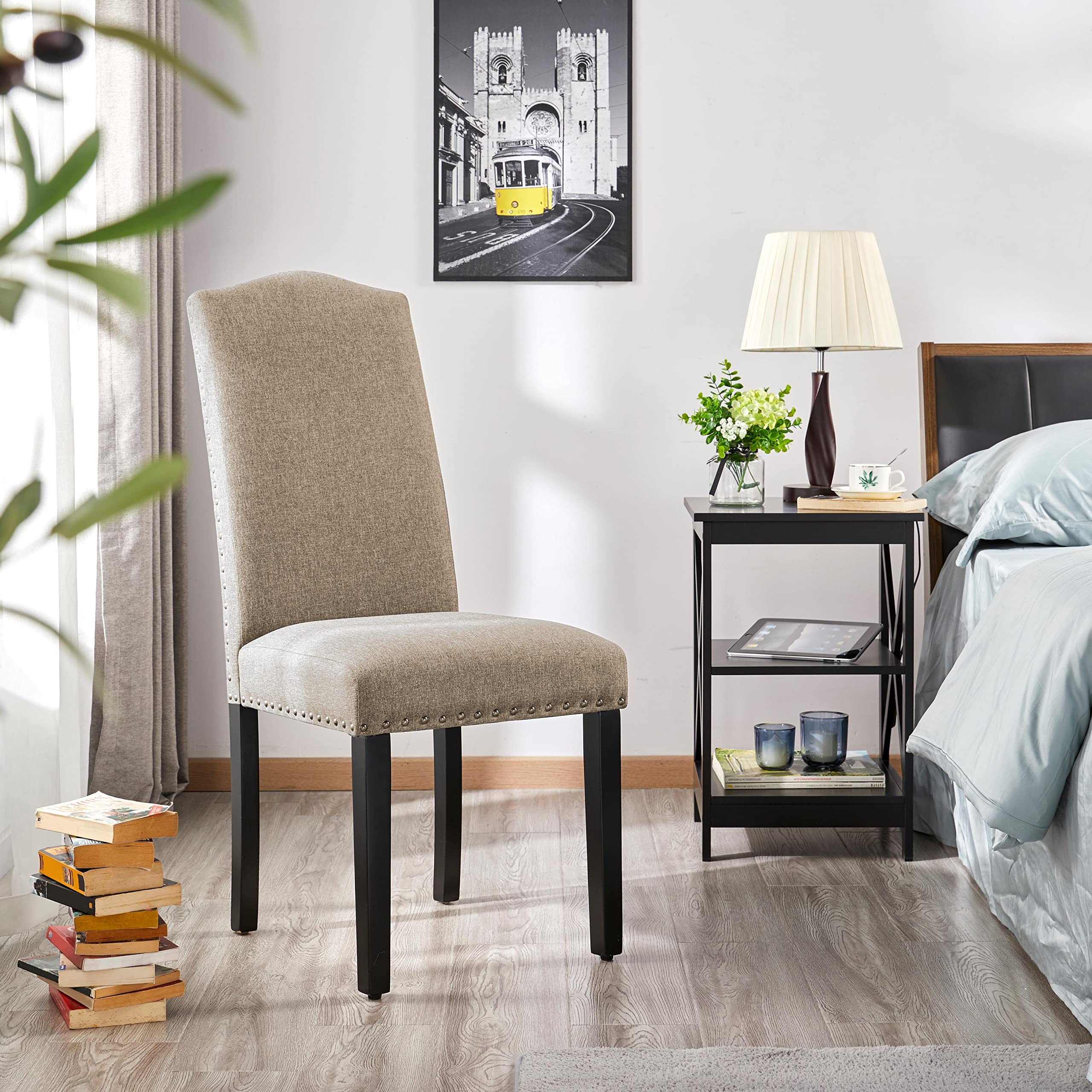 Yaheetech Esszimmerstühle 6er Set Küchenstuhl mit Hoher Rückenlehne, Khaki | Polsterstuhl bis 136 kg Belastbar, gepolsterte Sitzfläche aus Leinen, Beine aus Massivholz, für Küche und Esszimmer