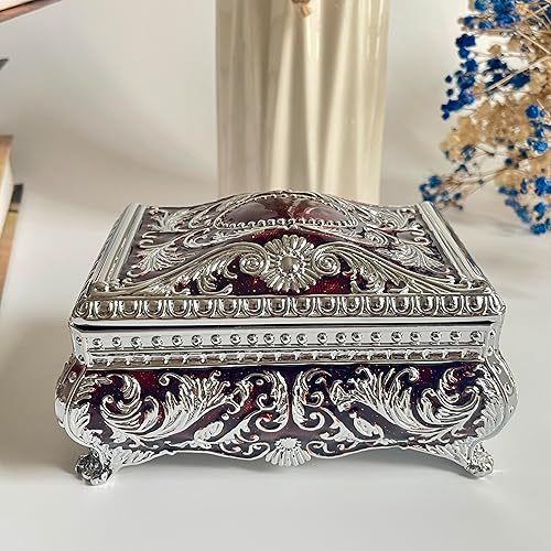 Miniatura 2 de SIWOT Joyero rectangular con estampado clásico, caja de metal retro con diseño de voluta europea, caja de almacenamiento del tesoro para niñas y