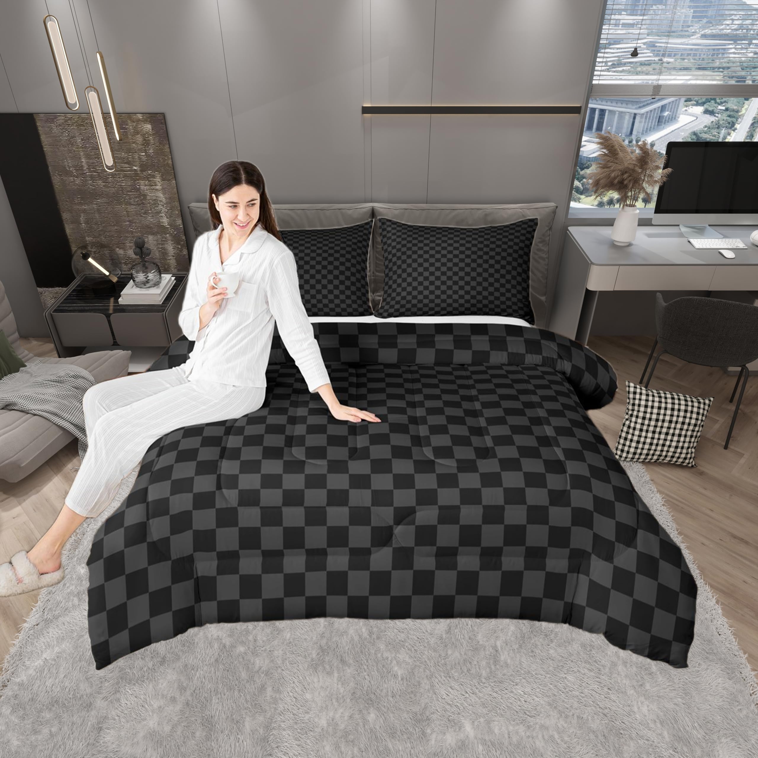 Linge de lit jumeau carreaux noirs gris motif abstrait Manfei