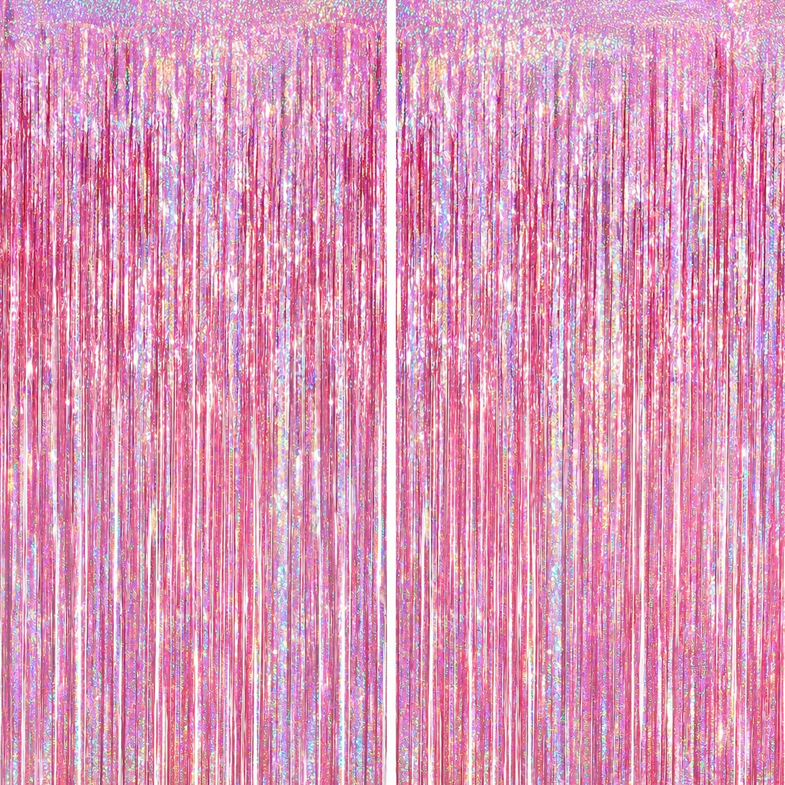 Voircoloria 2 Pack Laser Pink Foil Fringe Backdrop Curtains 3.3x8.2 Ft