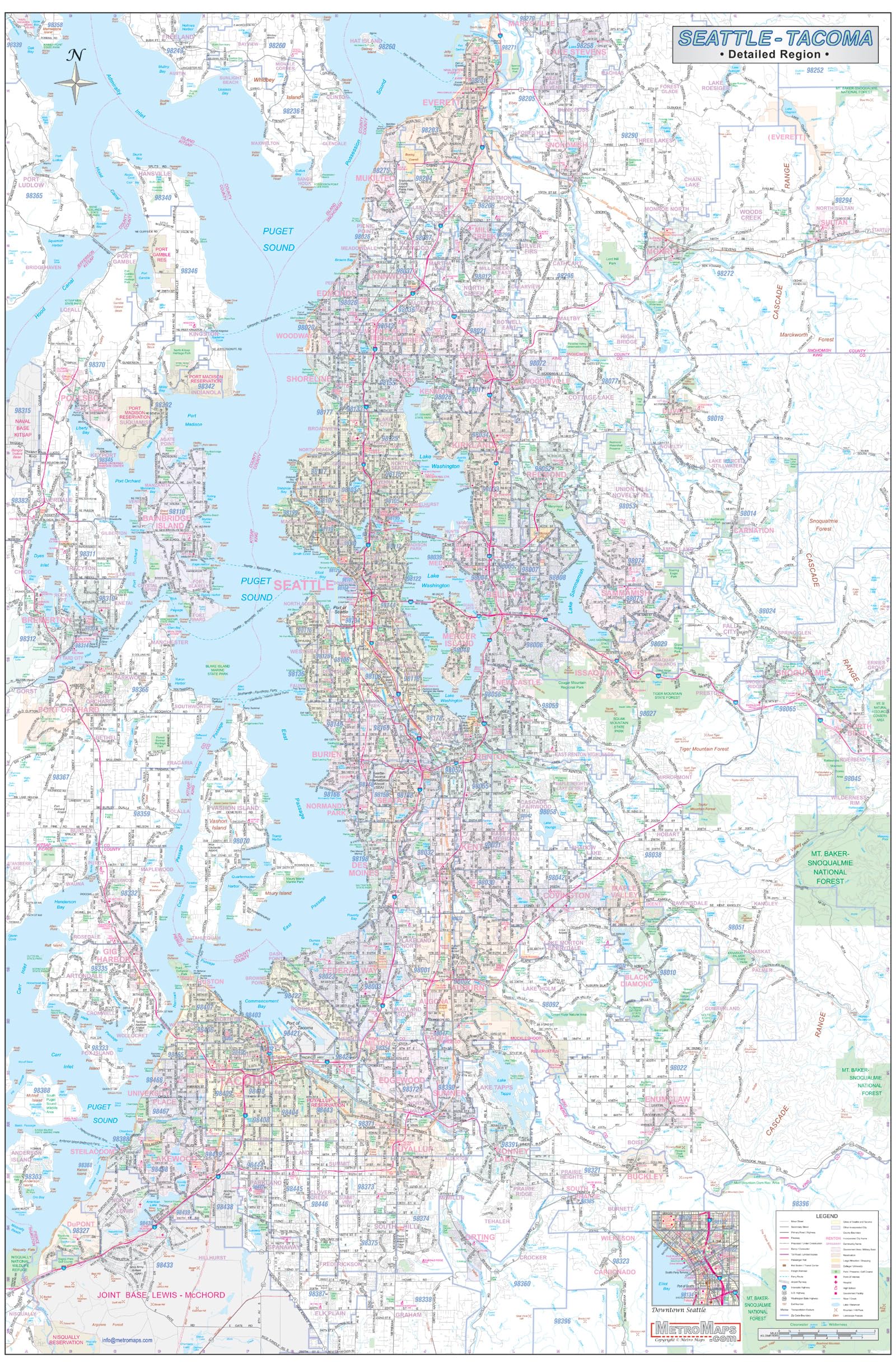 Greater Seattle-Tacoma Detailed Region Wall Map (44"x66") w/Zip Codes (Laminated)