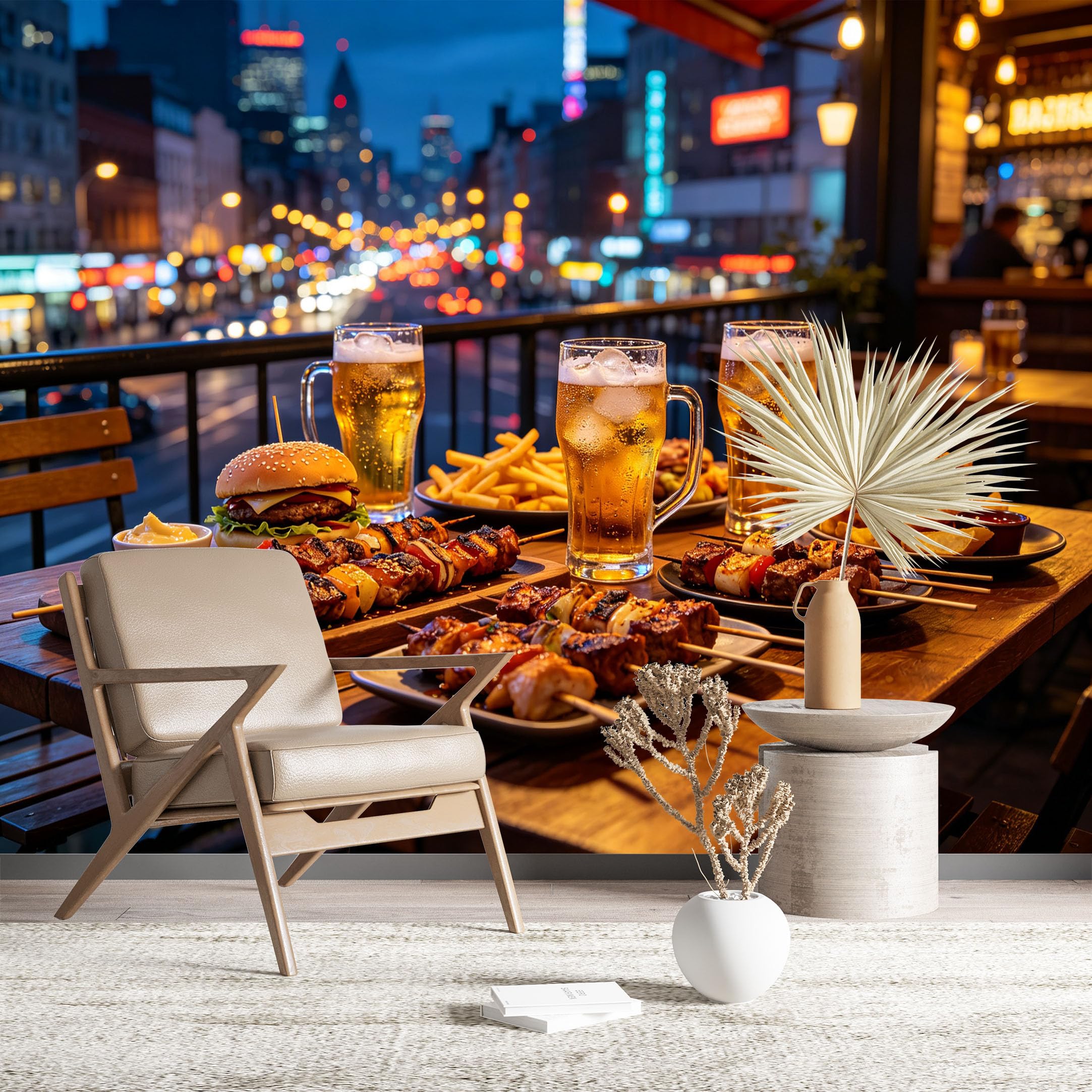 Custom Size Wall Murals Urban BBQ Food Scene Wall Murals Street Wallpaper Large Photo Wallpaper Self-Adhesive Removable Wallpaper for Living Room Bar