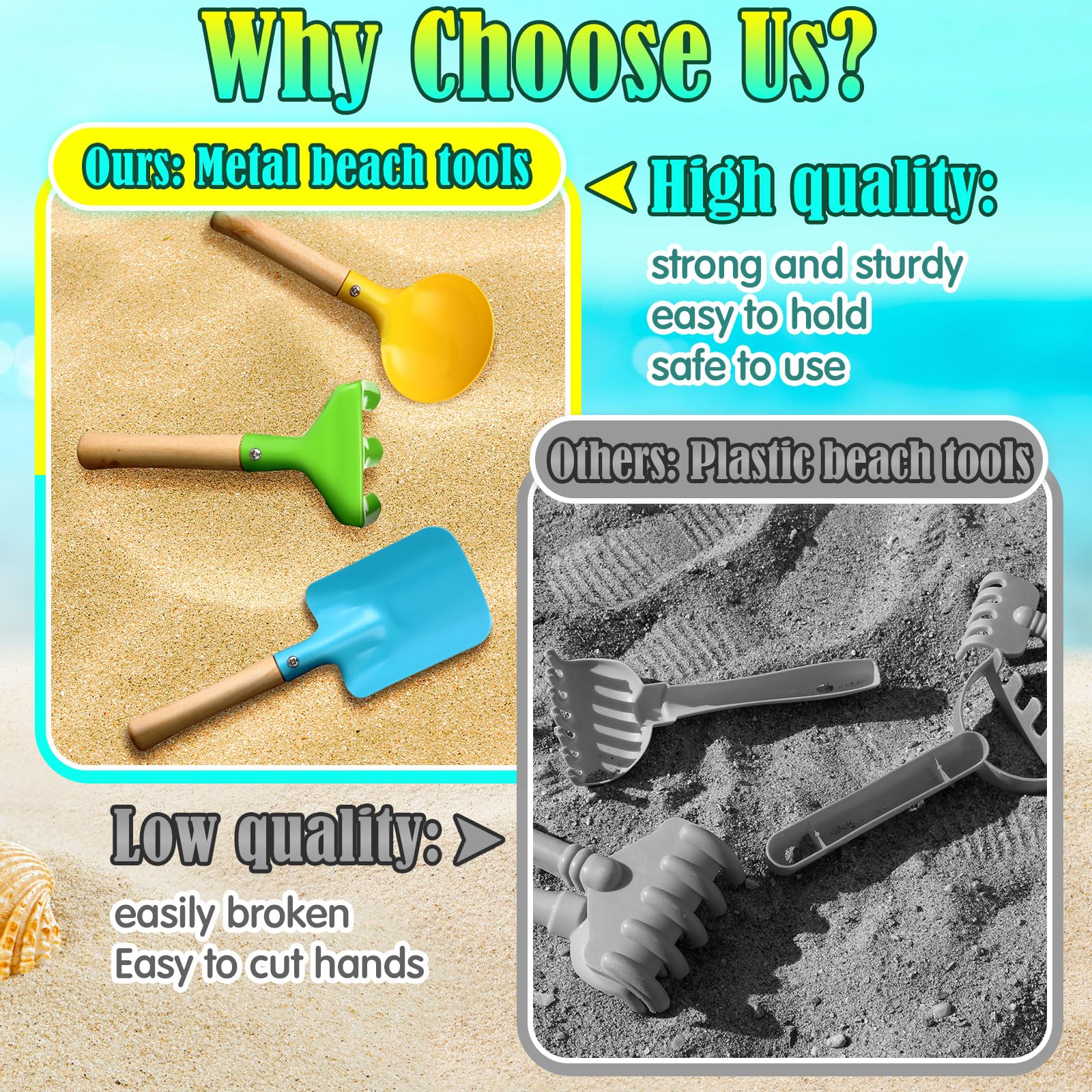 Halloscume 9 Pcs Garden Tools for Kids Beach Pails Metal Beach Sand Toy Set with Wooden Handle Sandbox Toy Include Bucket Spoon Fork Trowel Rake Shovel for Boys Girls - Image 3