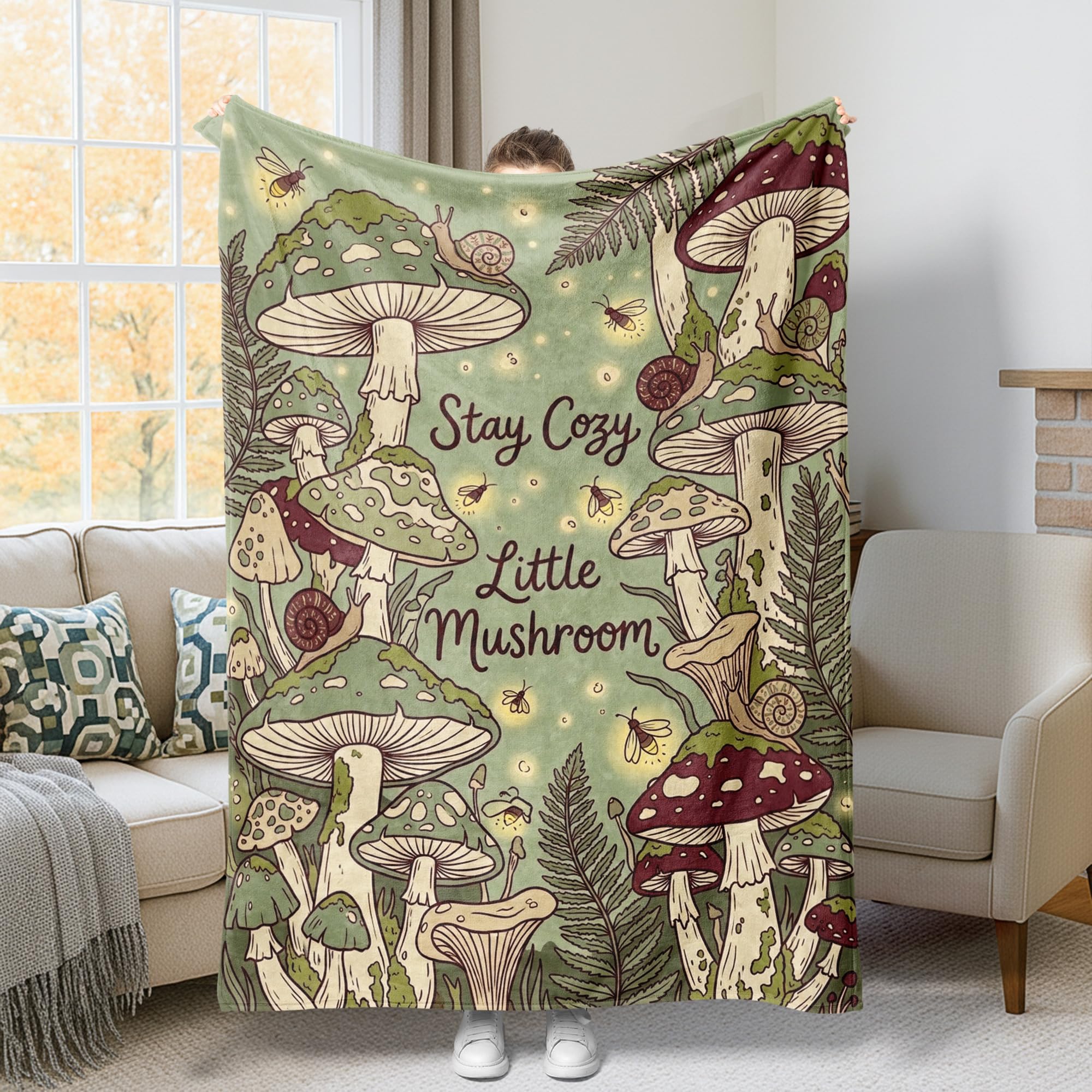 Couverture pelucheuse compacte motif champignon et escargot isolante