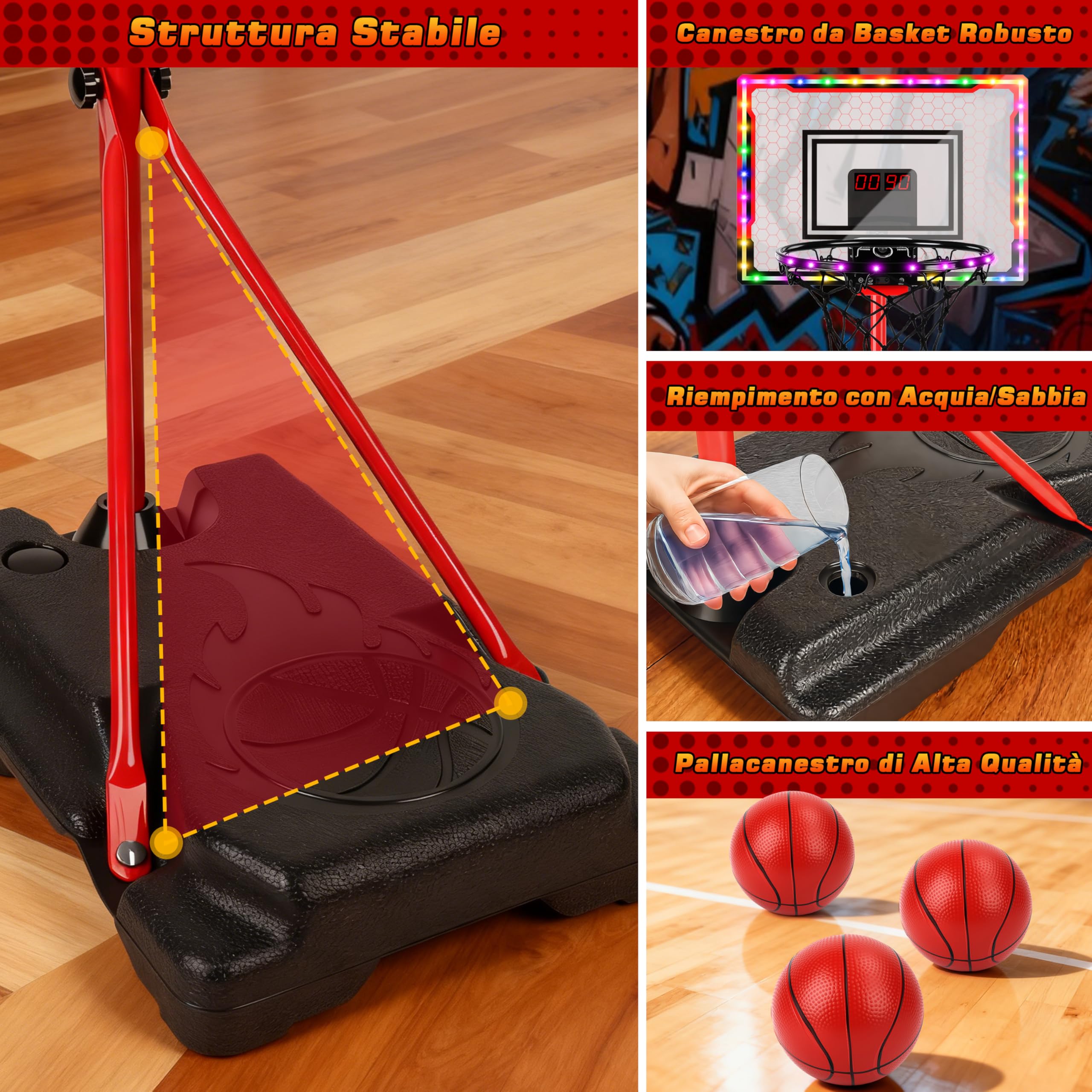 Canestro Basket Bambini, Canestro Basket da Sopra la Porta con Elettronico Punteggio Record, Luce LED, Suoni di Tifo, Altezza Regolabile, Giocattolo per Interno Esterno, Regali Bambino 3 4 5+ Anni