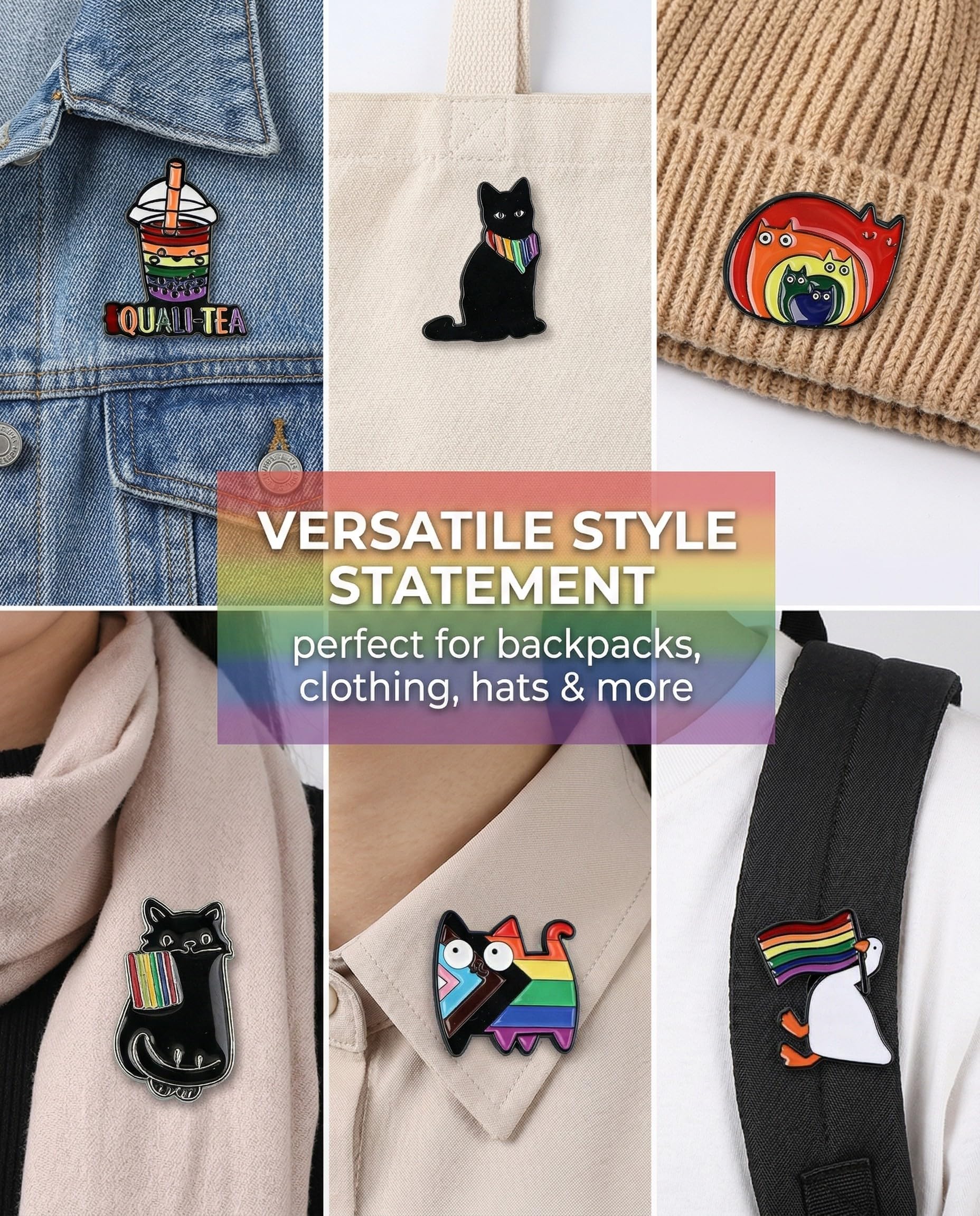 Set di 6 Spille Smaltate Gatto Arcobaleno Cartone Animato, divertenti e colorate. Ideali per Zaini, Vestiti, Borse. Idee Regalo Uniche.