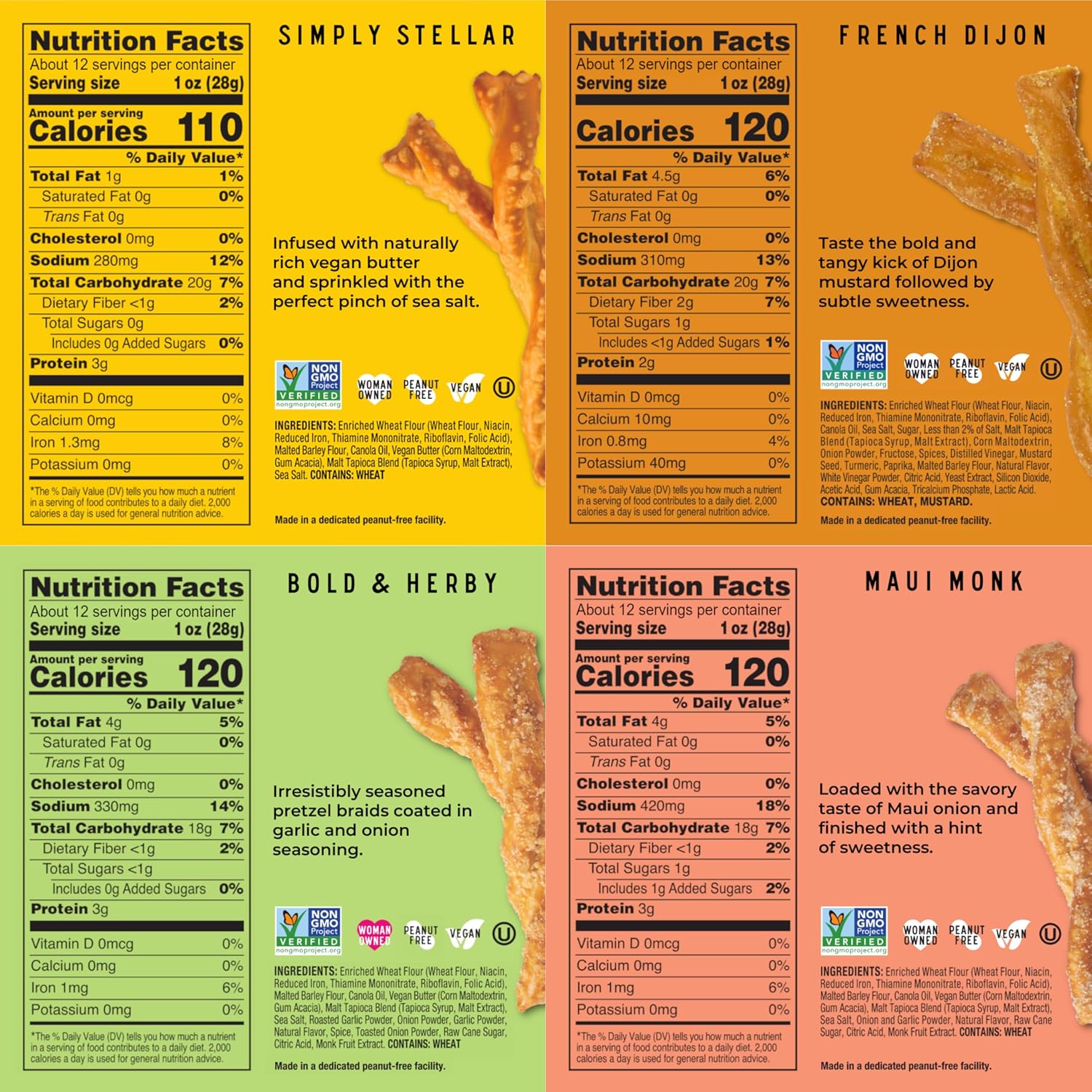 Stellar Snacks Pretzel Braids, 5 Flavor Variety Sampler Pack of Regular and Mini Pretzels Combo, Maui Monk, Simply Stellar, French Dijon, Bold Herby, Cinnamon Dolce, 12 Oz Pretzels & 1.5 Oz Bags, Gourmet Pretzel Sticks, Vegan, Kosher, Non GMO, Peanut Free, Healthy Snack