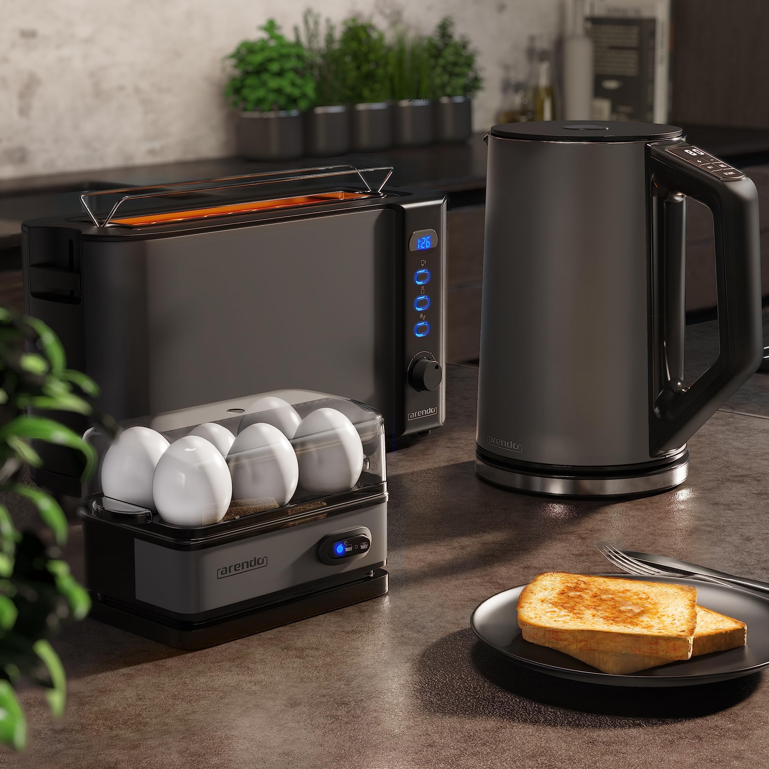 Arendo Wasserkocher Toaster Set 2200W 1,5L 1000W Langschlitz Toaster Eierkocher 1-6 Eier BPA frei