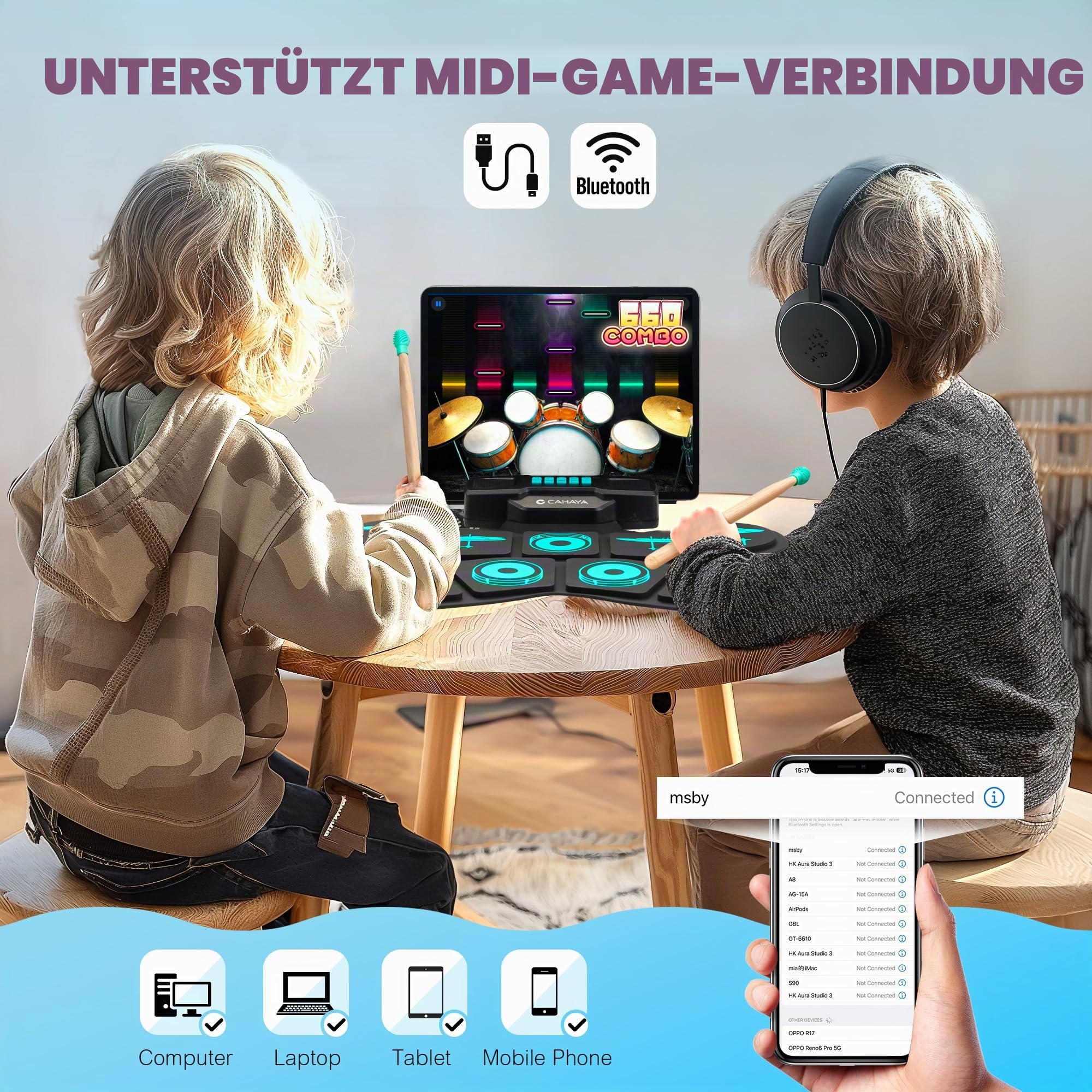 CAHAYA Elektronisches Schlagzeug für Kinder mit MIDI & Handgriff: Aufrollbar E-Drum-Set 9-Pads für Kinder Mit 2 Pedal, Stereo-Lautsprecher, Kopfhörerausgang, 10h Akkulaufzeit - CY00387-1