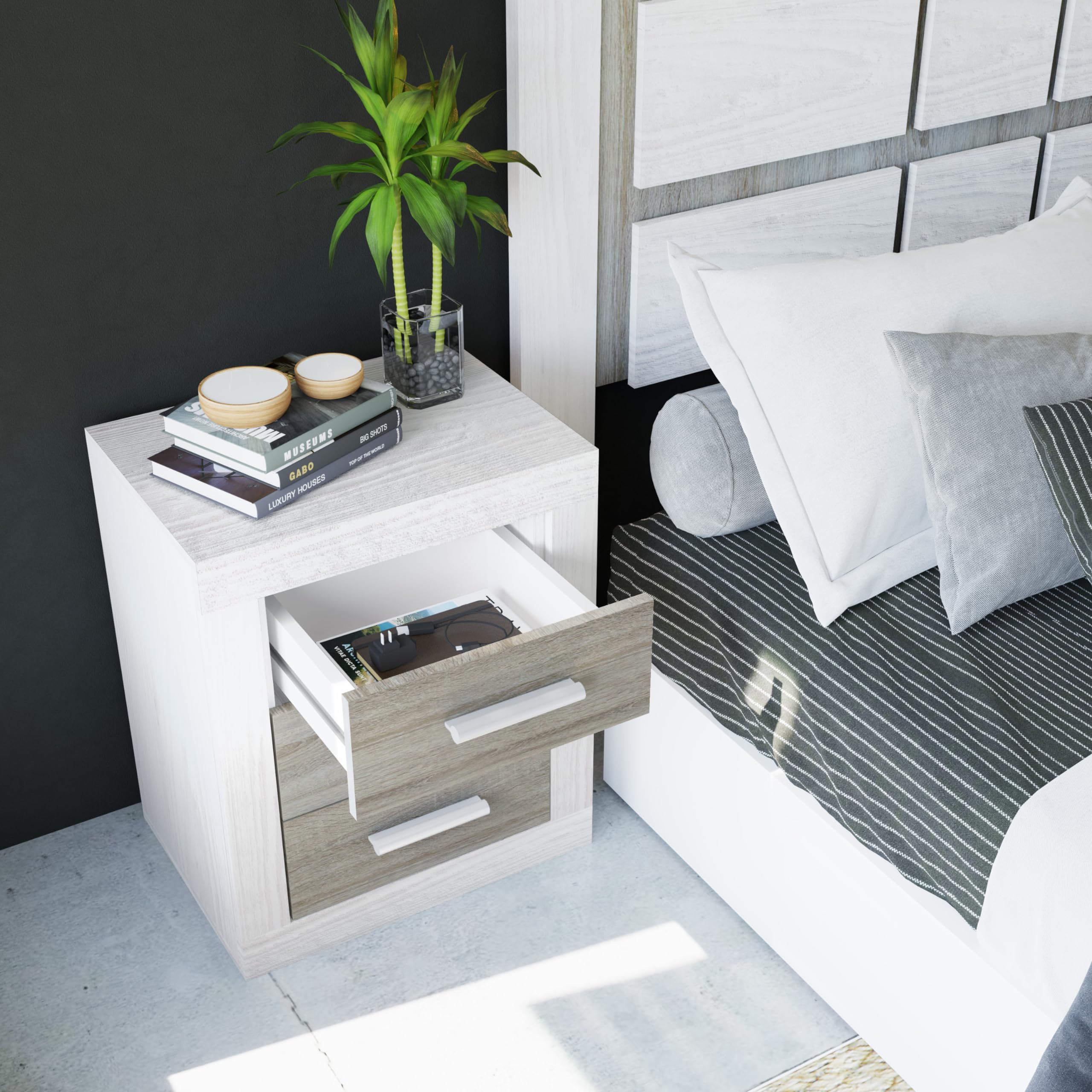 duehome | Conjunto de Dormitorio Kira 5c con Cabecero, 2 Mesitas de Noche, Sinfonier y Espejo, Acabado en Andersen Pino y Gris