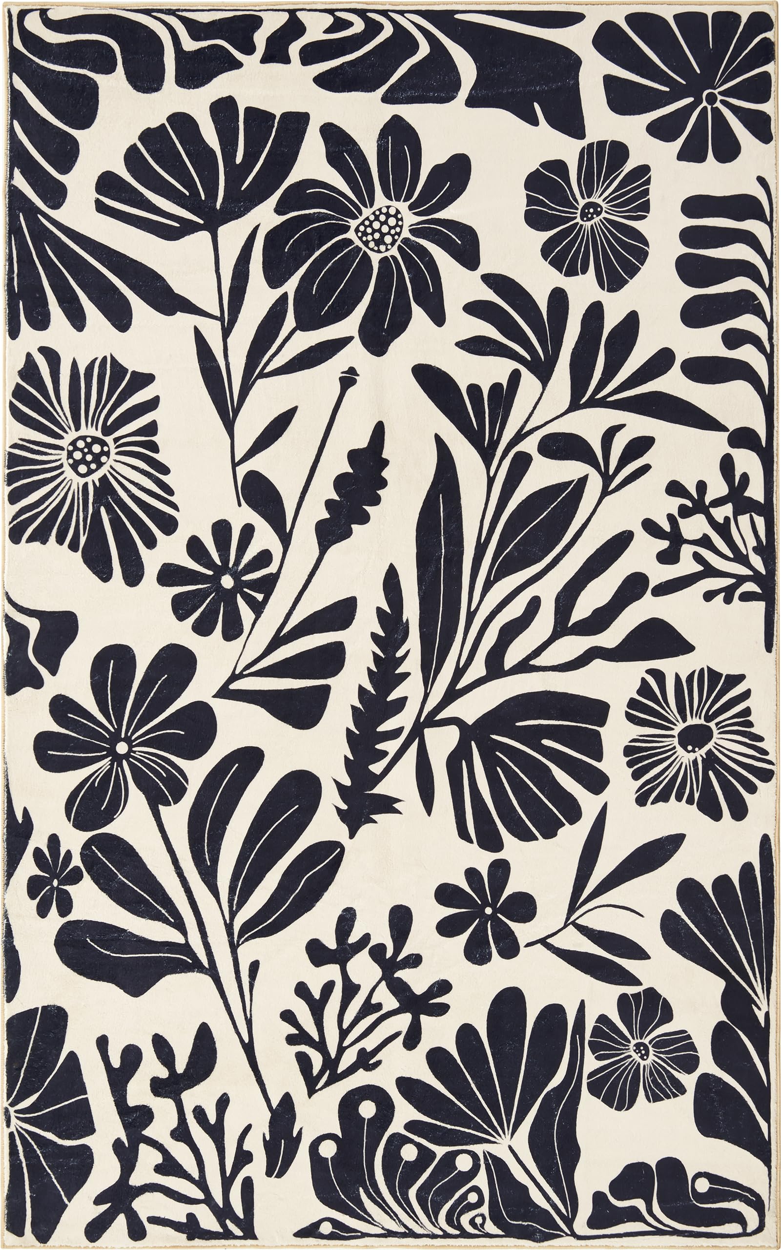 RoomTalks Vintage Floral Botanical 4x6 Area Rugs in Black and Beige, Soft Washable Boho Modern Farmhouse Plants Rug Carpet for Bedroom Living Room