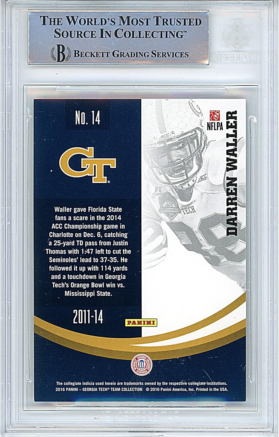 Darren Waller Autographed 2016 Panini #15 Football Trading Card Slab Beckett BAS Authentic Slabbed COA Played For Georgia Tech Yellow Jackets NCAA