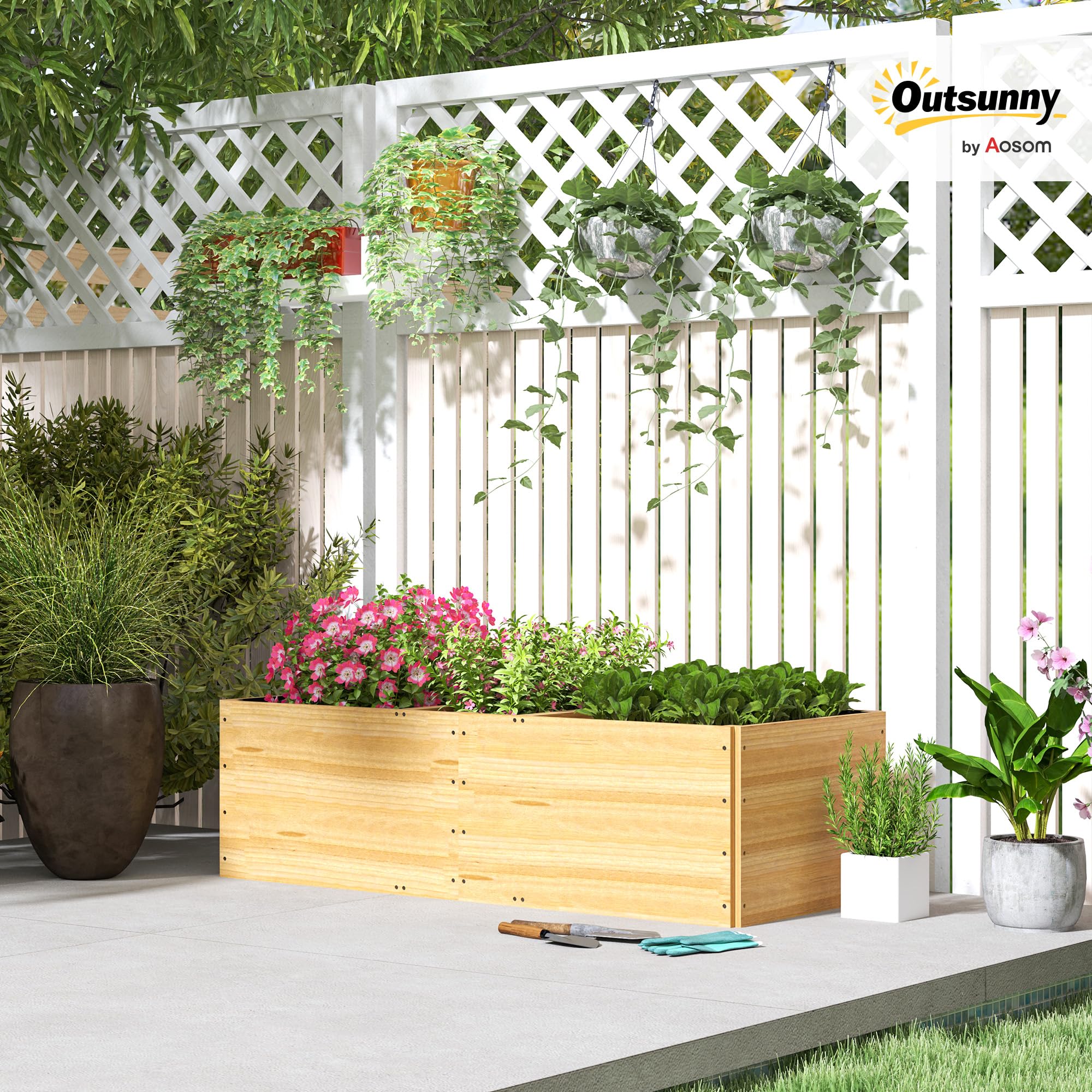 Outsunny Letto per Orto Rialzato da Esterno Divisa in 3 Aree con Strato in Tessuto non Tessuto, Fioriera da Balcone in Legno di Abete, per Piante, Fiori, 140x60x40 cm, Color Legno