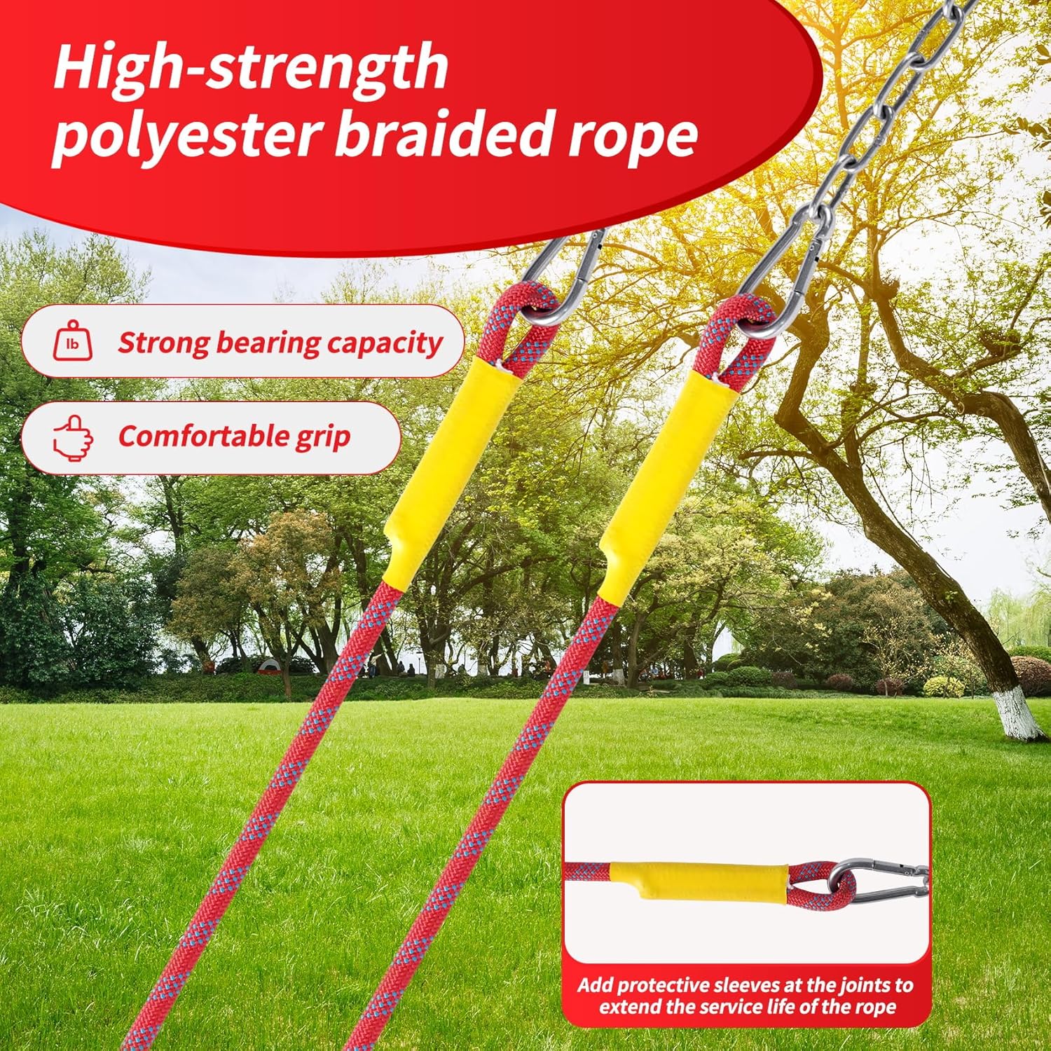 Xinzhistars Heavy Duty Swing,72 Inch Swing,32 Inch Stainless Steel Chain and 40 Inch Polyester Braided Rope with Stainless Steel Snap Hook.Suitable for Indoors, courtyards, Squares,Trees.(Red)