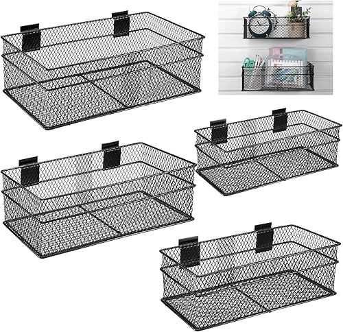 Barydat Juego de 4 cestas de metal ventilado para colgar en la pared, accesorios de montaje en pared para panel de almacenamiento de garaje, Negro