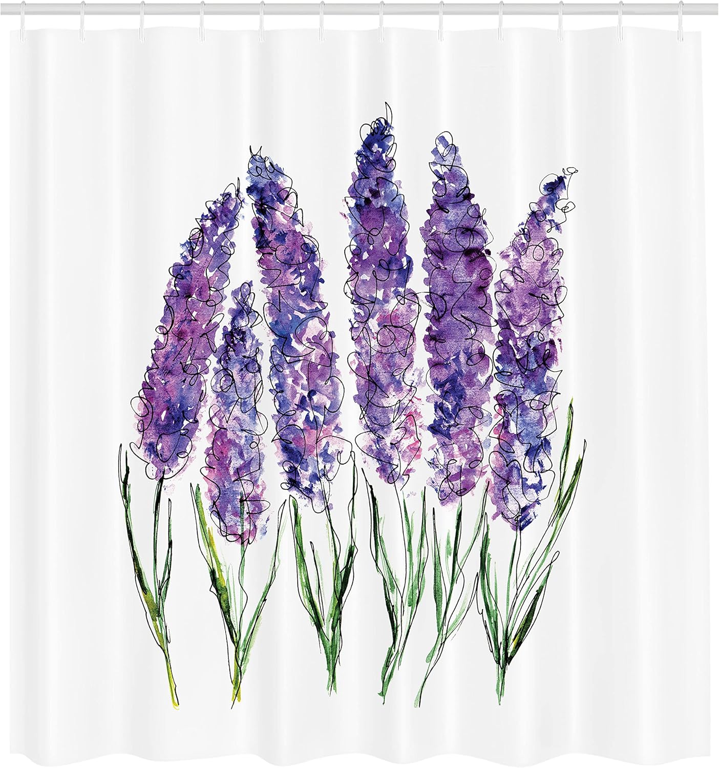 Ambesonne Watercolor Flower Shower Curtain, Illustration of Lavender Flowers Fresh Colors Mint Family Plant, Cloth Fabric Bathroom Decor Set with Hooks, 69" W x 75" L, Violet White