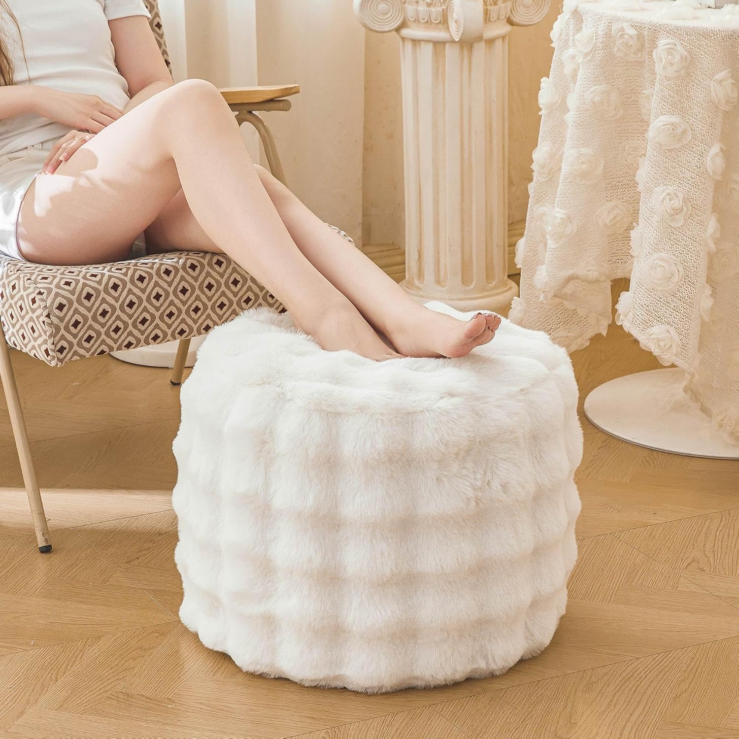 ( similar) LIFEREVO Faux Rabbit Fur Round Inflatable Pouf Ottoman, 20 X 16 Waffle Bubble Fluffy Fuzzy Floor Poufs Foot Rest for Adults Kids Girls, Furry Pouf Chair Foot Stool Couch Home Decor, Anti-Slip, Beige 20\"D x 20\"W x 16\"H Beige