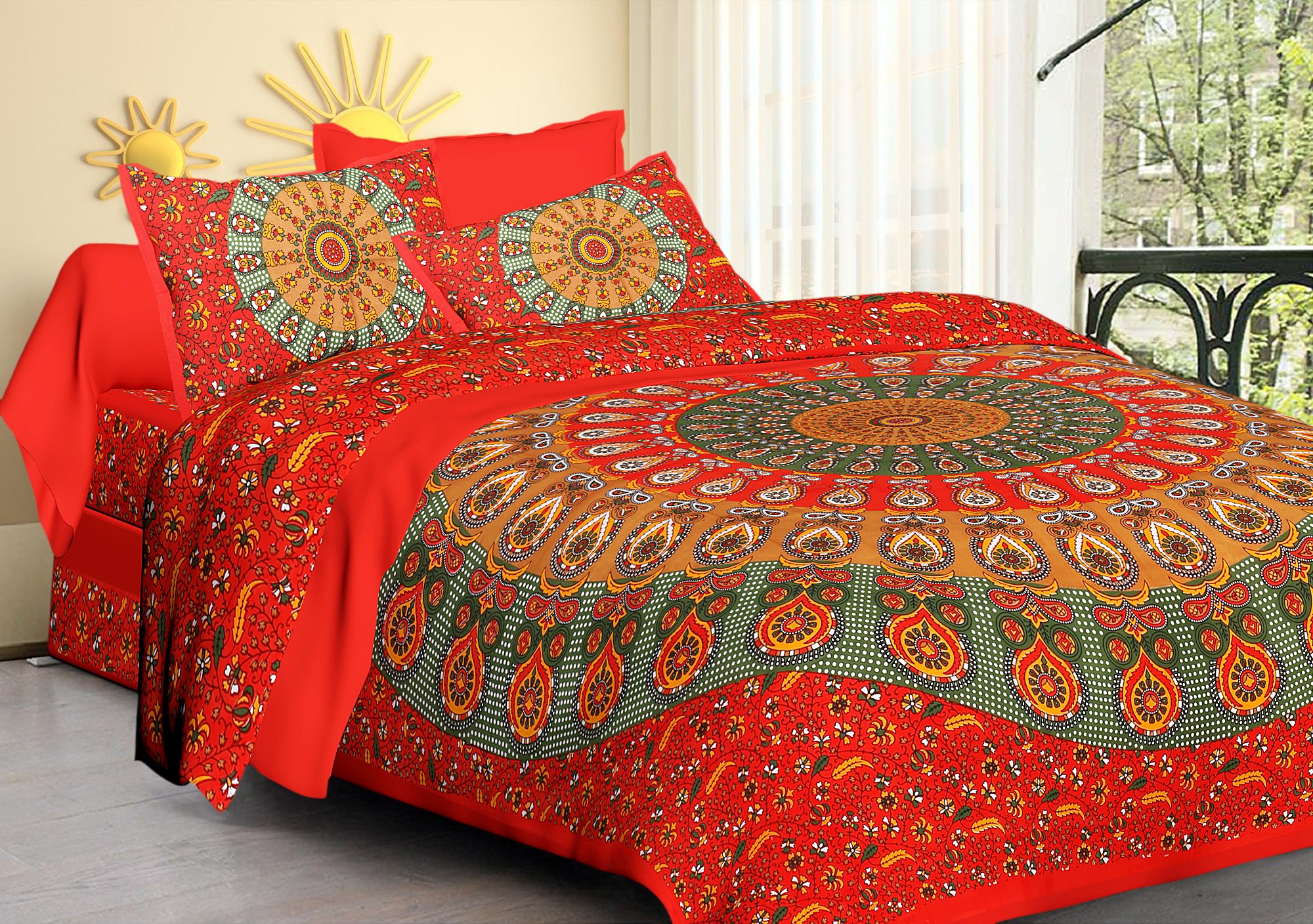 Monique 100% Pure Cotton Rajasthani Jaipuri Traditional Queen Size Double Bed Bedsheet Size 215 cm x 245 cm Pillow Size 43 cm x 63 cm TC 144 with 2 King Size Pillow Covers (MIRCHI-RD)