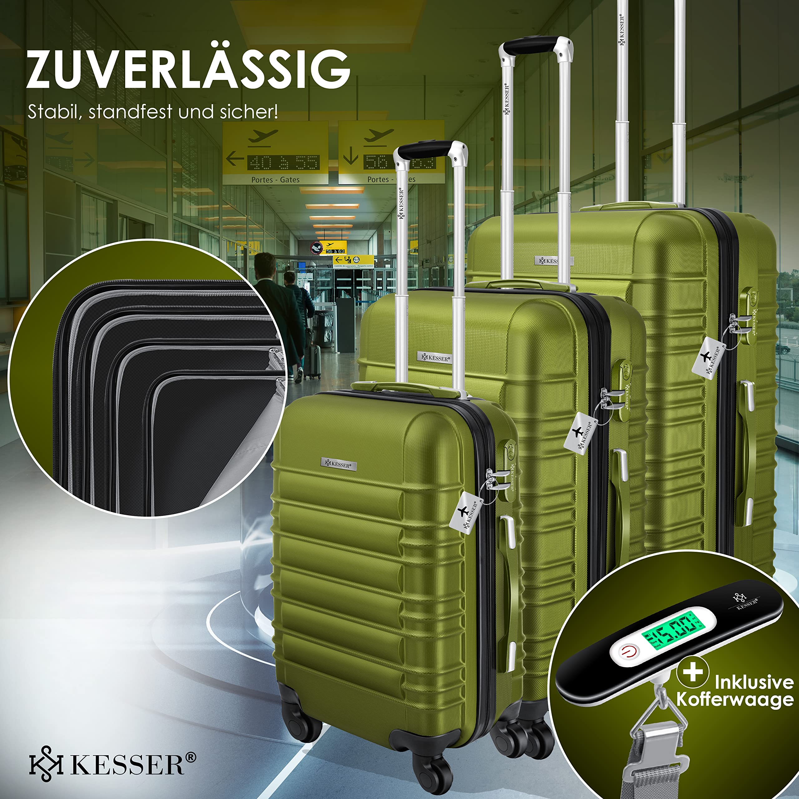 KESSER® Set di 3 valigie rigide, da viaggio, incl. bilancia trolley + etichetta per bagagli, chiusura per valigie rotolanti, manico telescopico M-L-XL