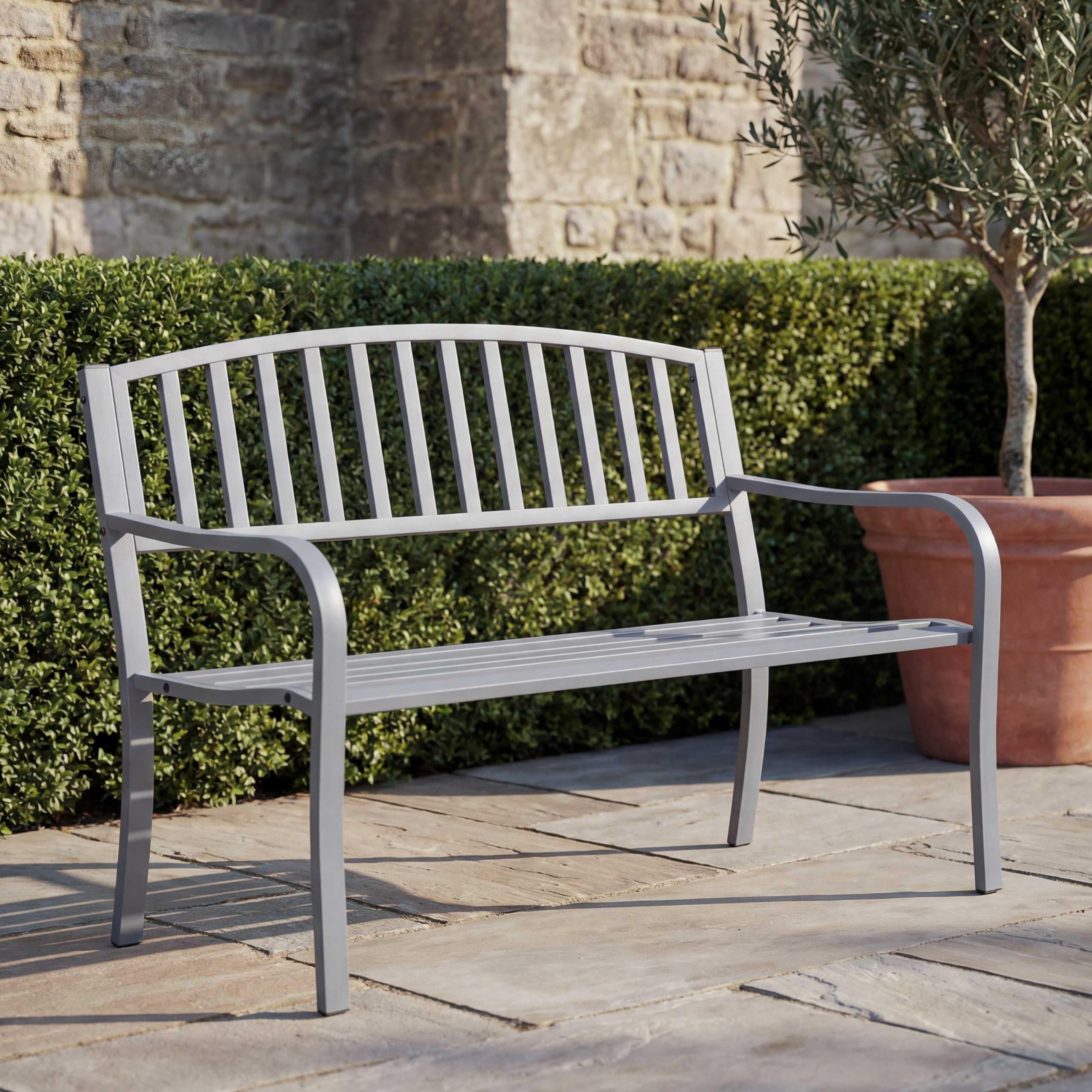 Mendler Gartenbank HWC-F43AM, Bank Parkbank Sitzbank, 2-Sitzer pulverbeschichteter Stahl - grau