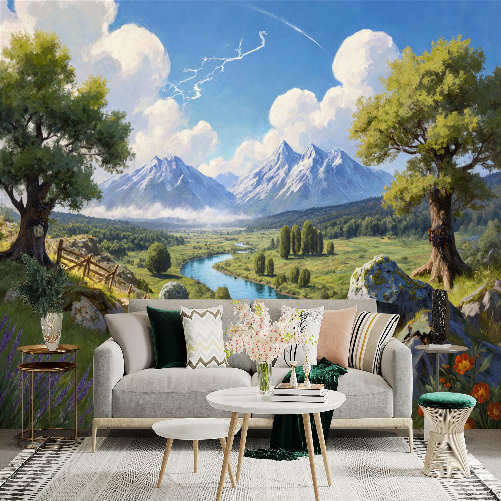 Lnzczhyre Xc260505367 Custom Size Wall Sticker Mural， Scenic Valley With Majestic Mountains， Flowing River， Clouds And Trees， For Wall Decoration， Peelandstick Wall Decals.