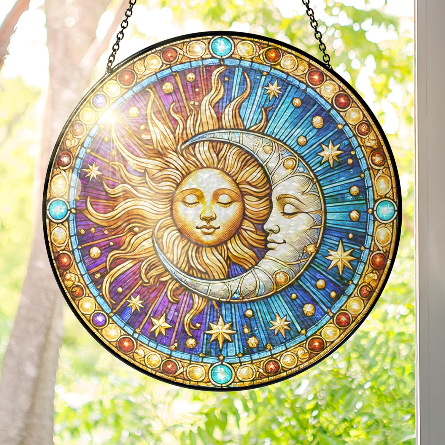 FLAGWIX Spiritual Gifts for Women Men - Stained Glass Window Hanging 8 in for Sun and Moon Decor - Sun Catchers Indoor Window, Boho Suncatchers for Celestial Decor