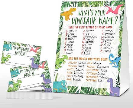 Whats Your Dinosaur Name Game - Tropical Jungle Birthday Party Games for Boys - Family School Classroom Activity - 1 Standing Sign and 30 Stickers - Kids Dino Party Supplies Decorations05