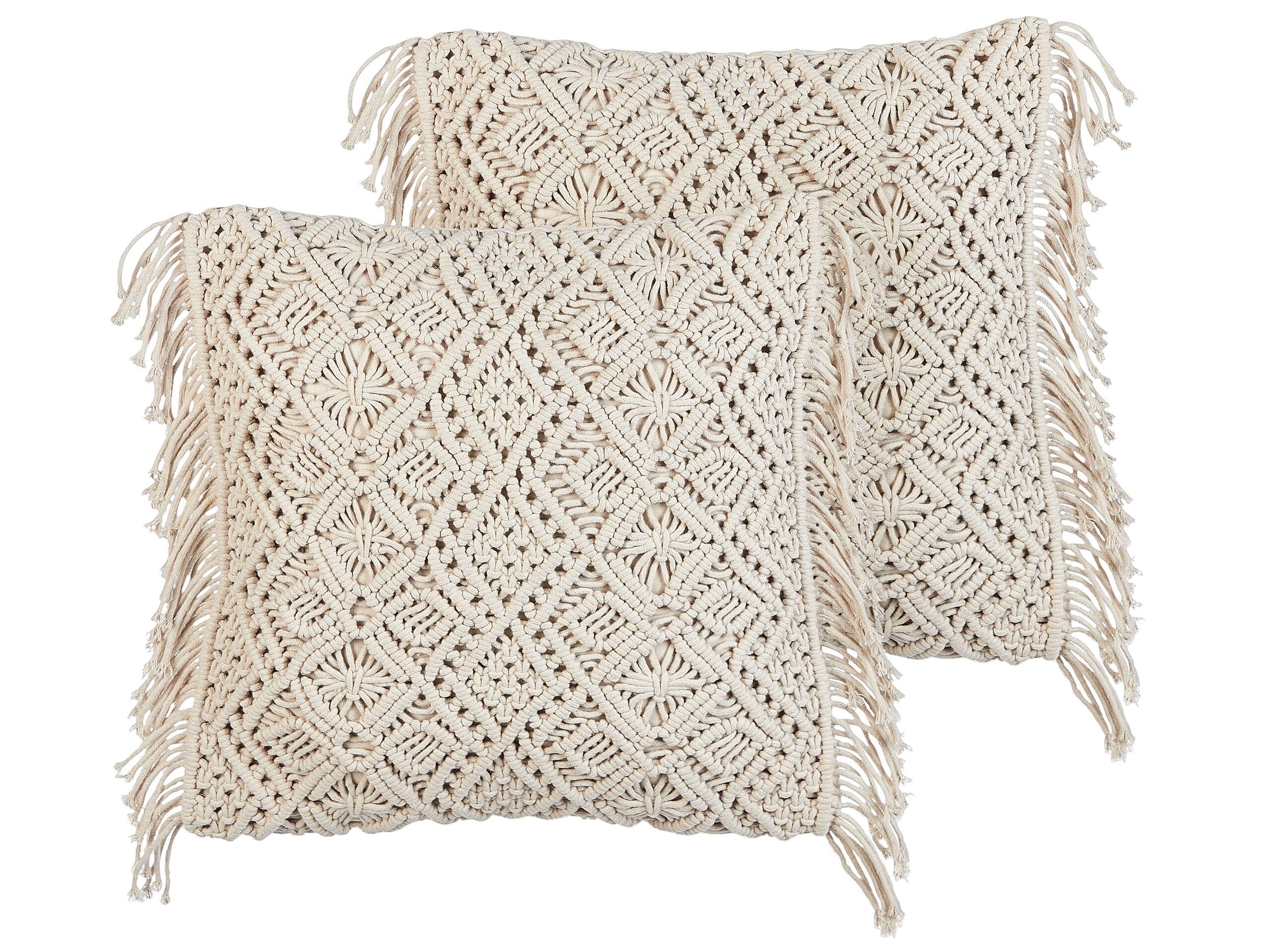 Beliani Dekokissen 2er Set Baumwolle beige 45 x 45 cm Makramee Design mit Fransen Pattan