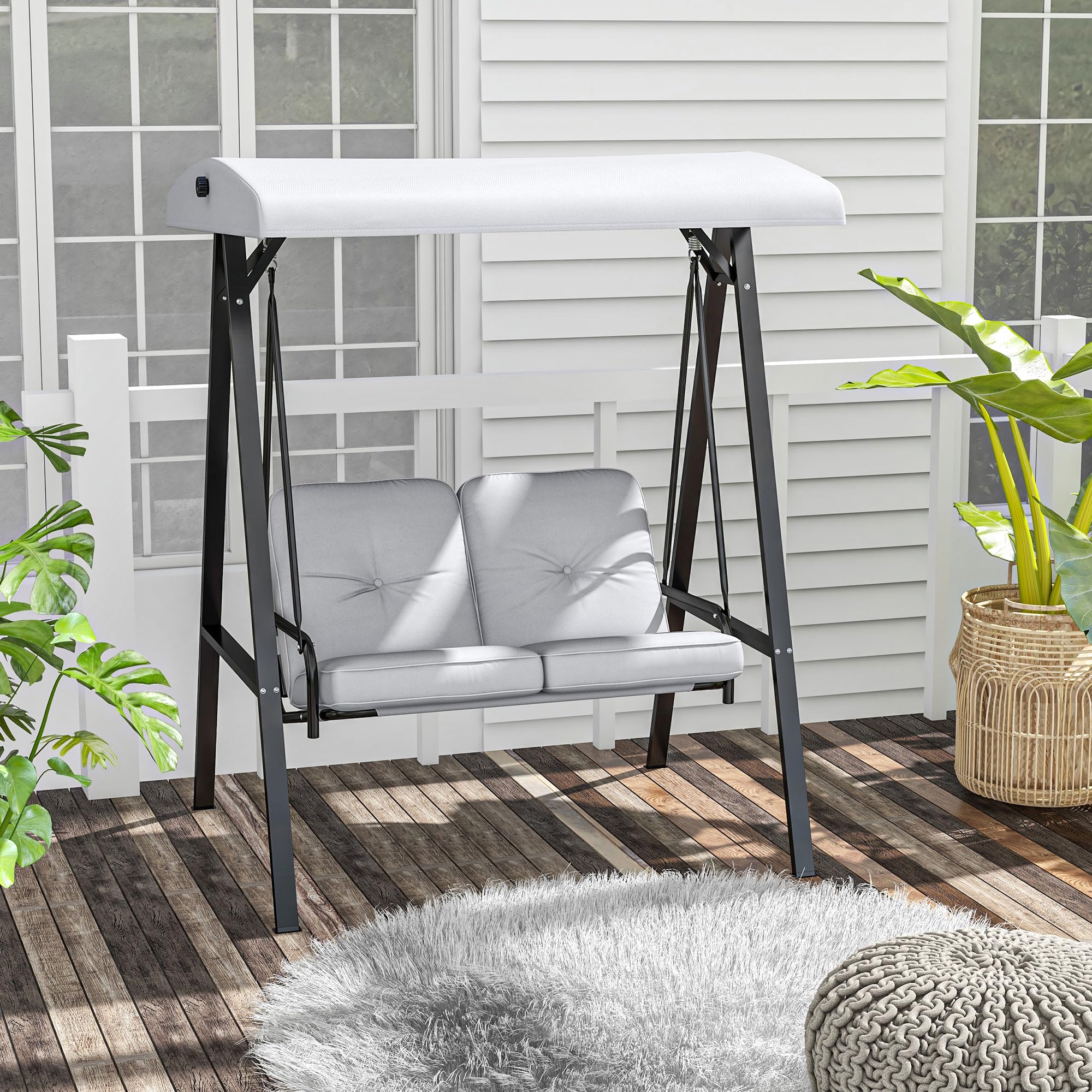 Outsunny Hollywoodschaukel 2-Sitzer Gartenschaukel mit Verstellbarem Dach, Kissen, Schaukelbank bis 220 kg Belastbar, für Garten, Balkon, Grau, 145 x 116 x 172 cm