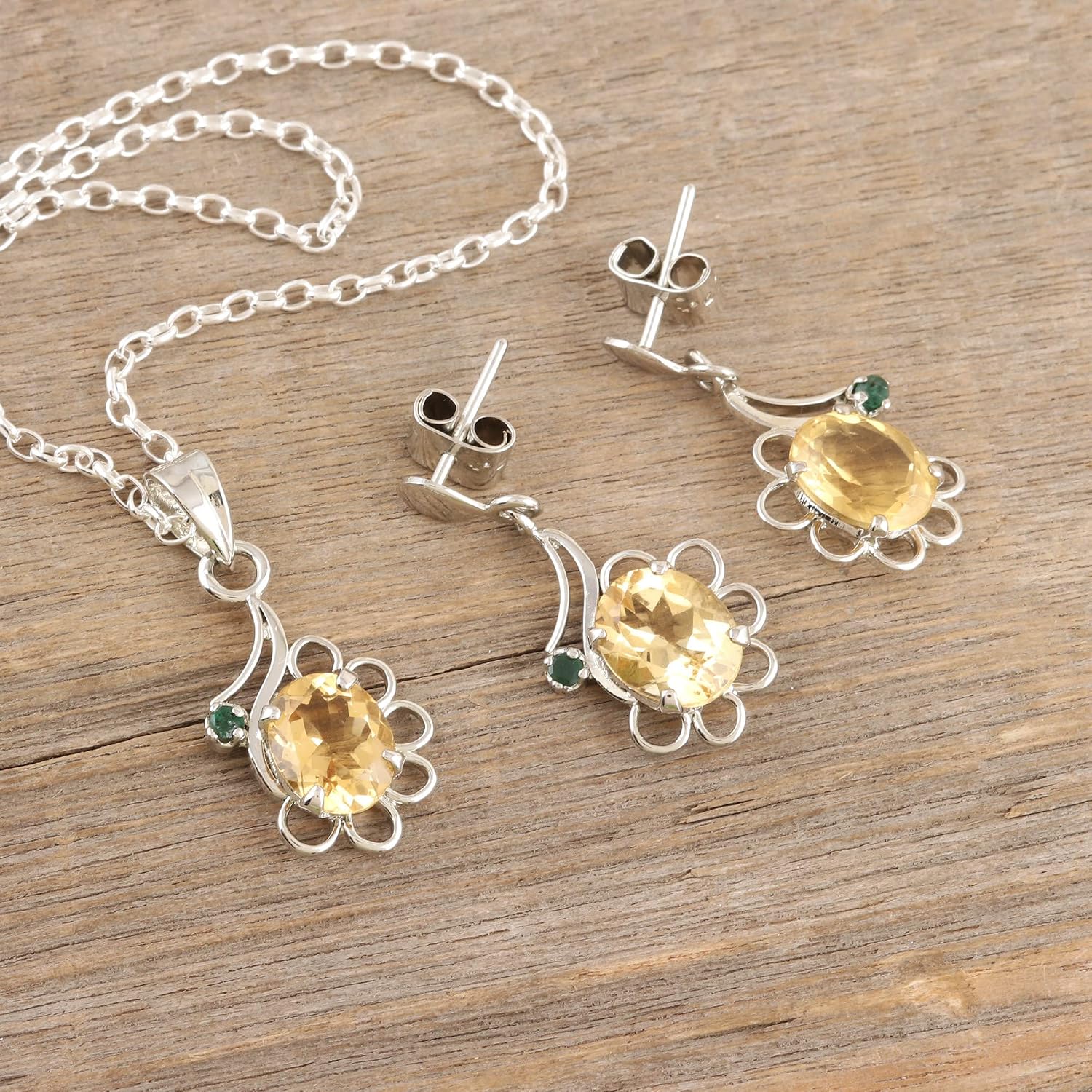 NOVICA Handmade Rhodiumplated Jewelry Set with 9carat Citrine Emerald Pendant India Gemstone Floral
