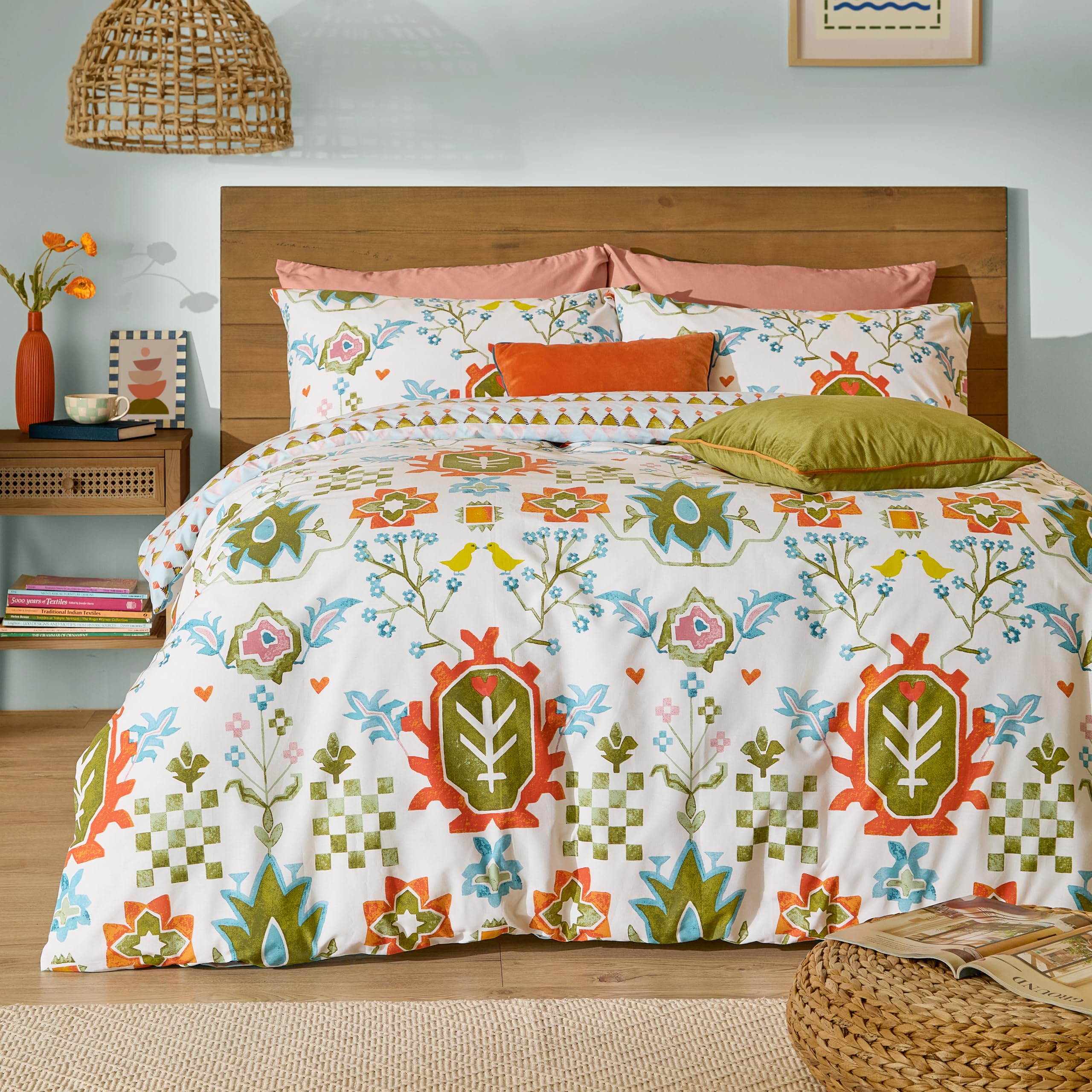 furn. Dilara Duvet Cover Set – Reversible Geometric Bird Turkish Rug Inspired Cotton Blend Bedding (Blue - Super King)
