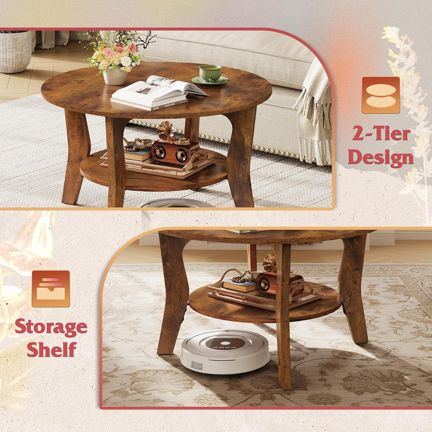 Close-up view of the 2-tier design of the coffee table, highlighting the upper tabletop and the lower storage shelf with items placed on it.