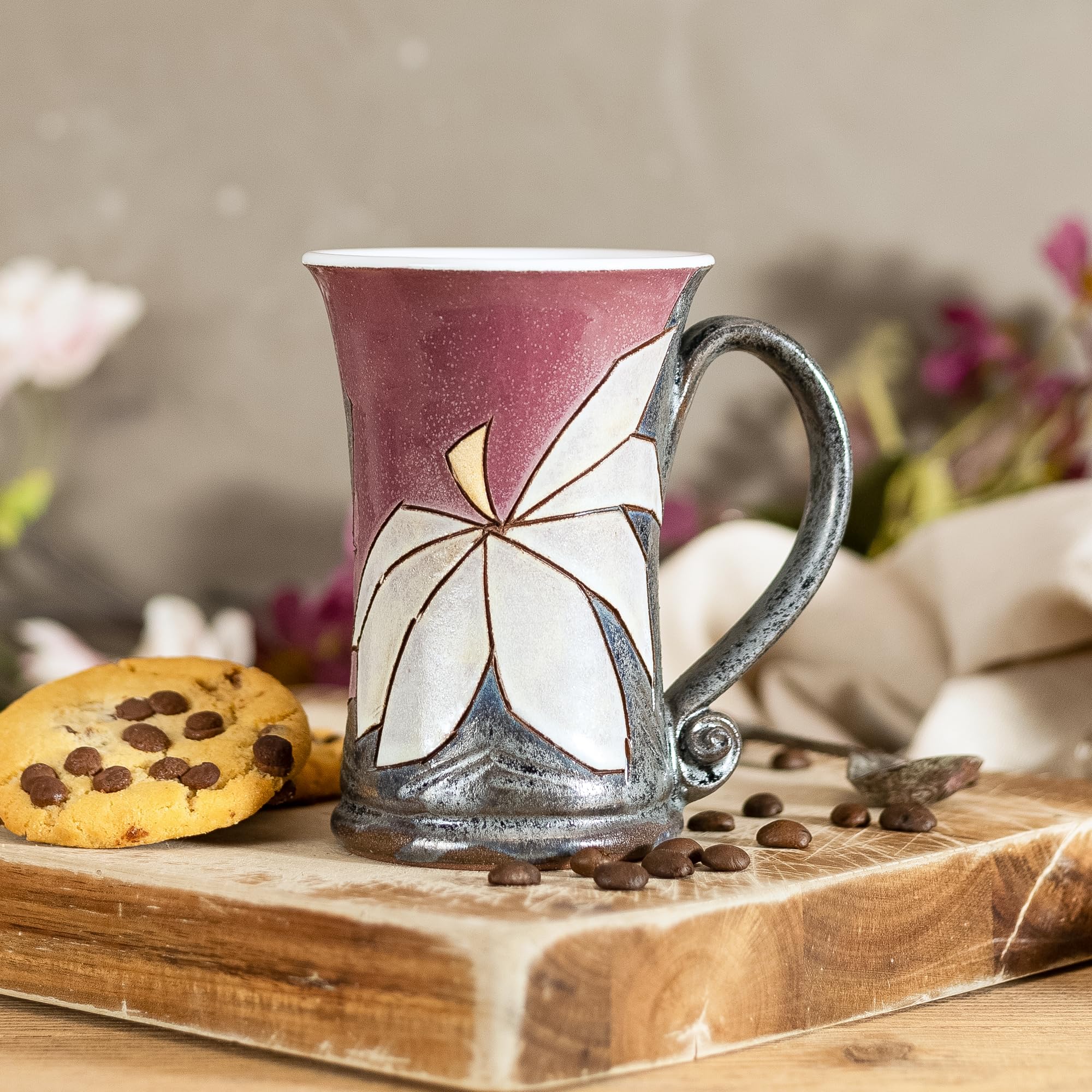 Felisteya Handgetöpferte Blumentasse – 320ml Keramik-Kaffeetasse & Teetasse