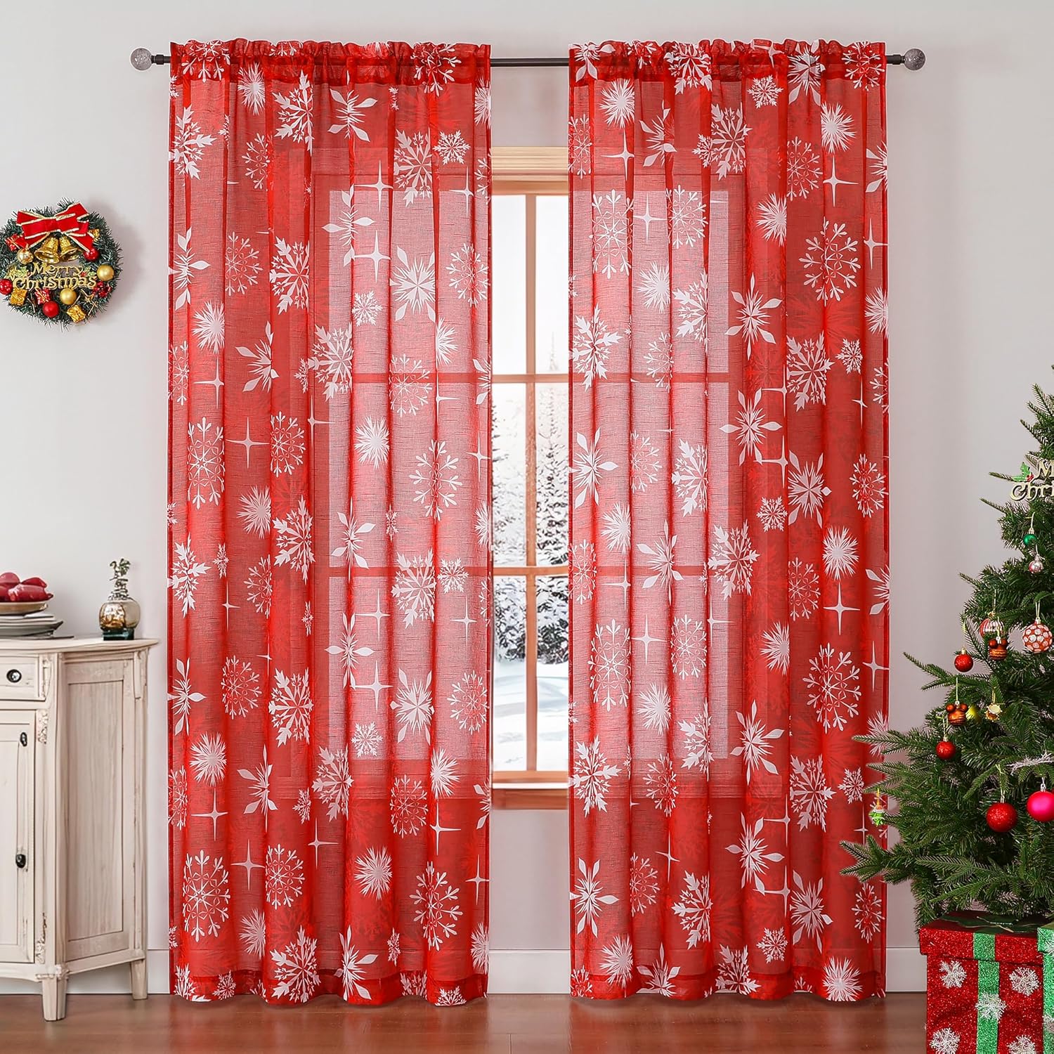 BROSHAN Red Christmas Sheer Curtains 84 inch Length- Xmas Holiday Bedroom Curtains 2 Panels Set White Snowflake Patterned Light Filtering Window Curtain Drapes for Living Room Decoration