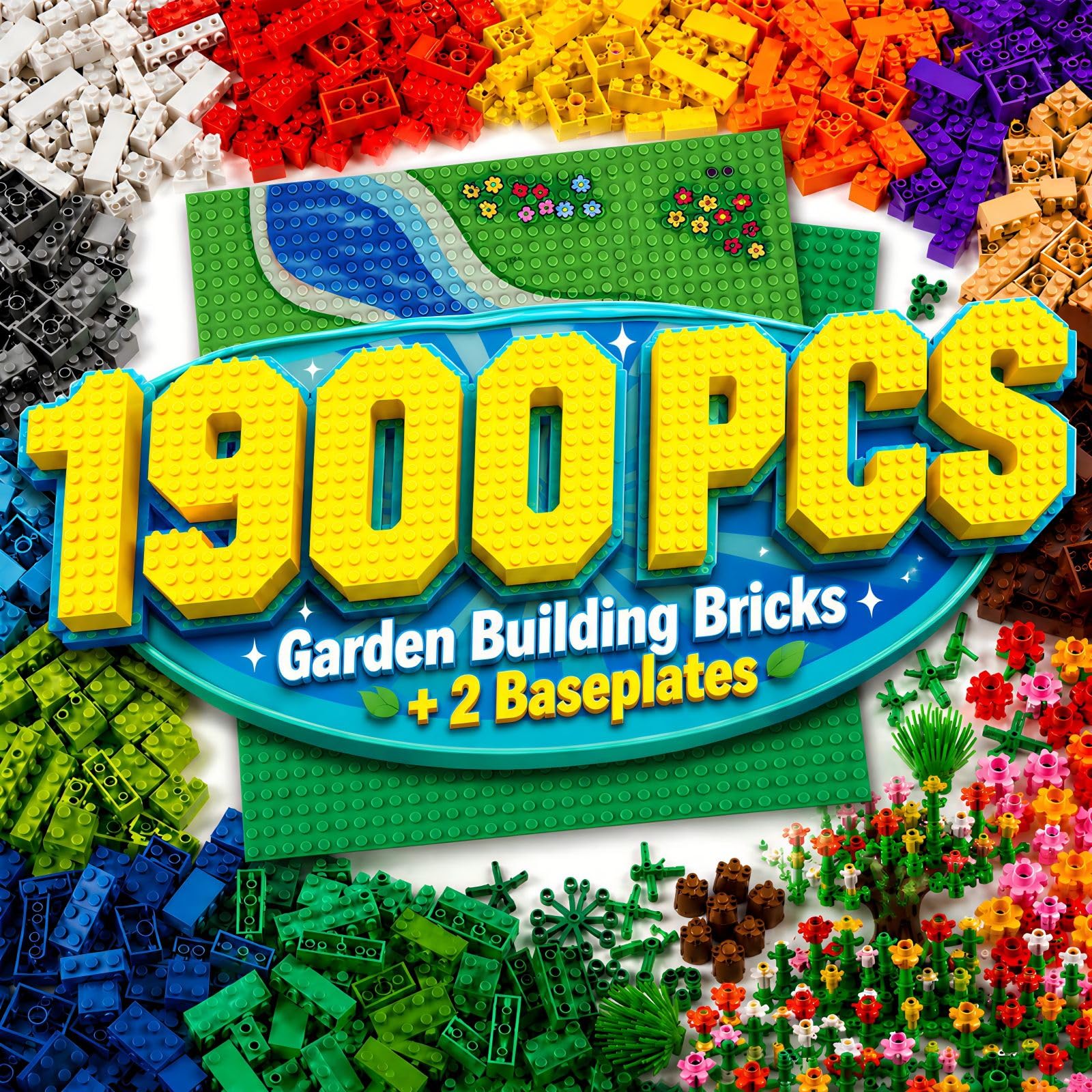1900 mattoncini da costruzione, blocchi da costruzione con 2 confezioni da 24 x 24 piastre adesive per borchie, 400 fiori e alberi/prateria, blocchi giocattolo creativi compatibili con tutte le