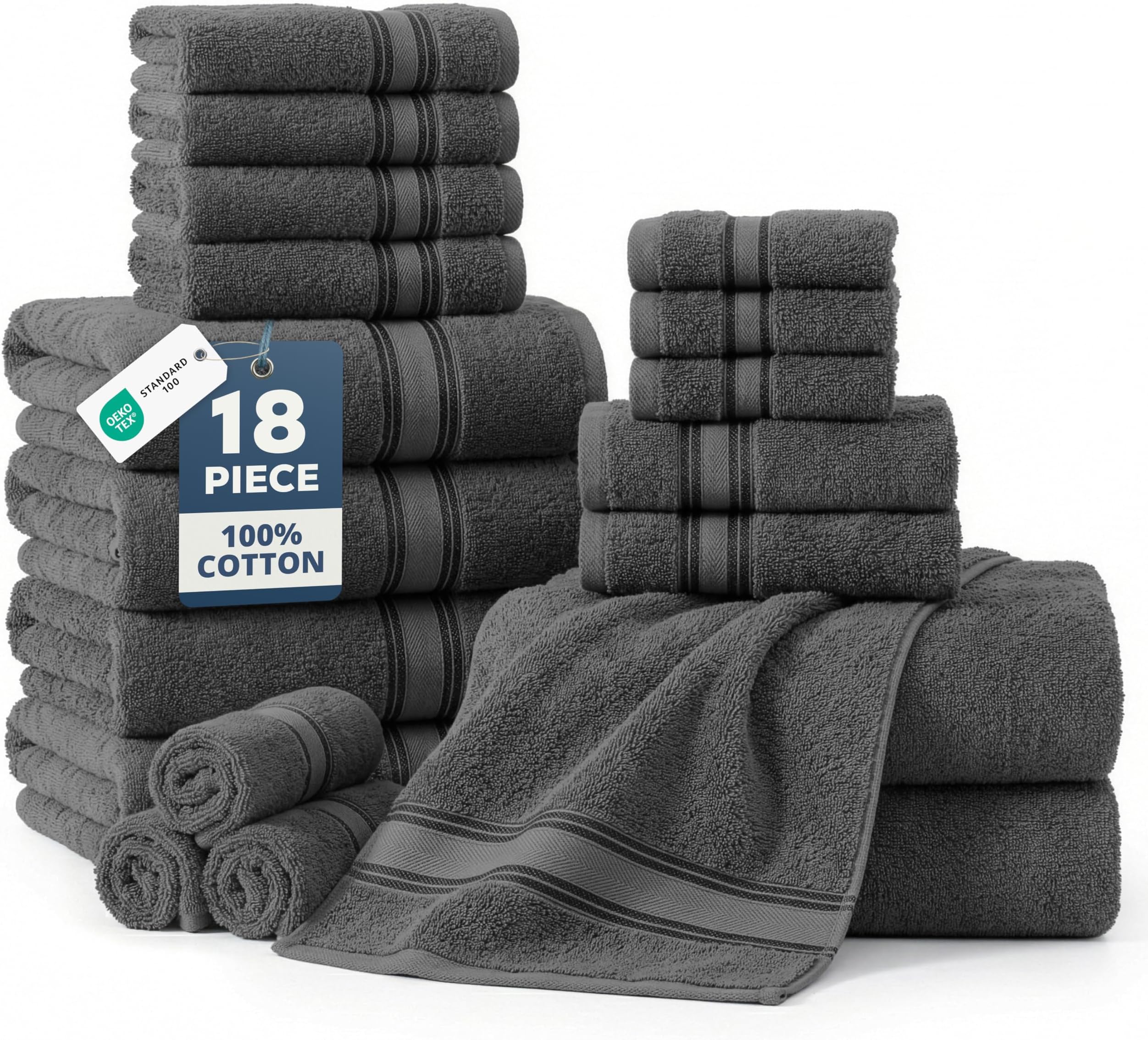 LANE LINEN 18-Pack Premium Towels for Bathroom – 100% Cotton Towel Set, Zero Twist, 6 Bath, 6 Hand & 6 Washcloths,Gentle on Body, Highly Absorbent, Remains Soft After Wash, Hotel & Spa Quality – Grey